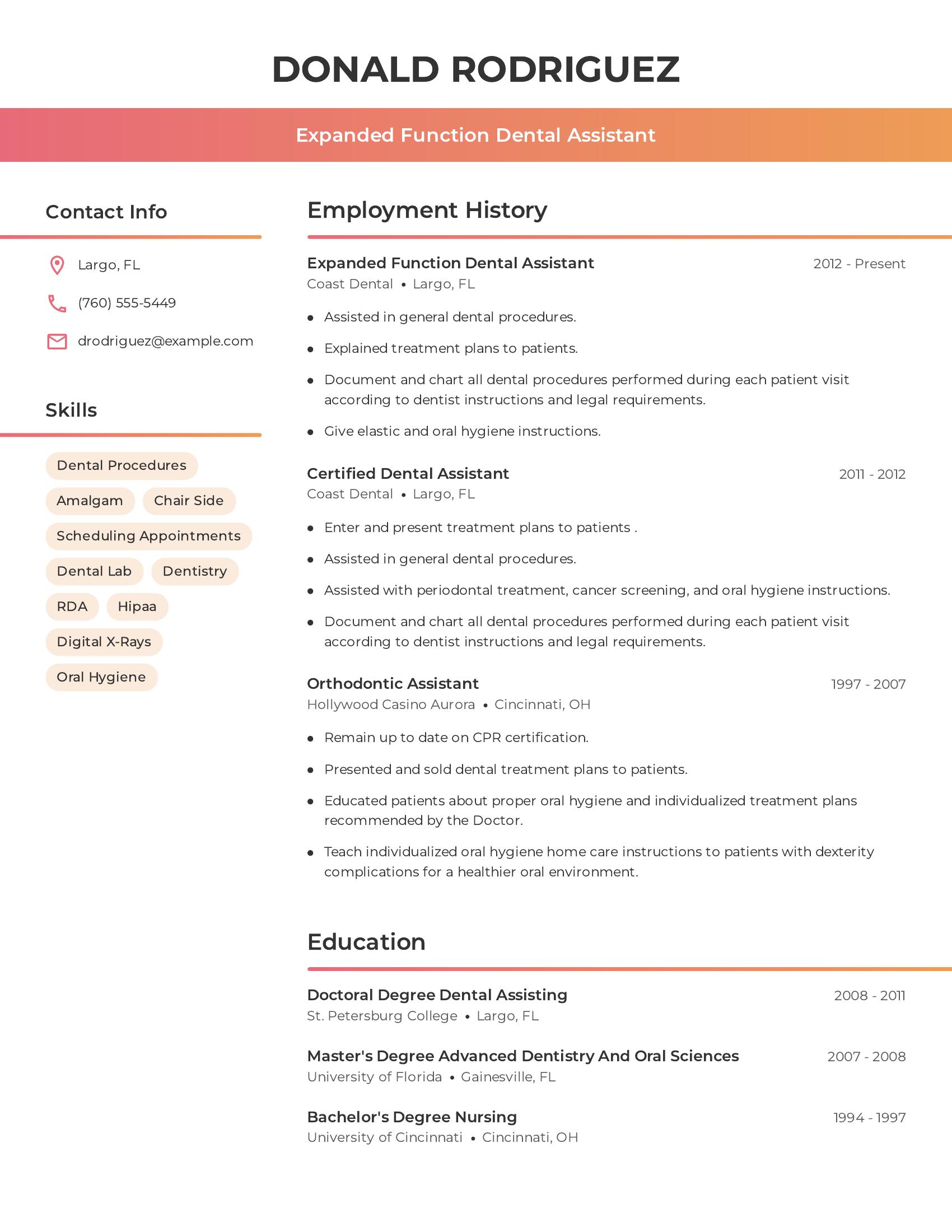 Expanded Function Dental Assistant resume example