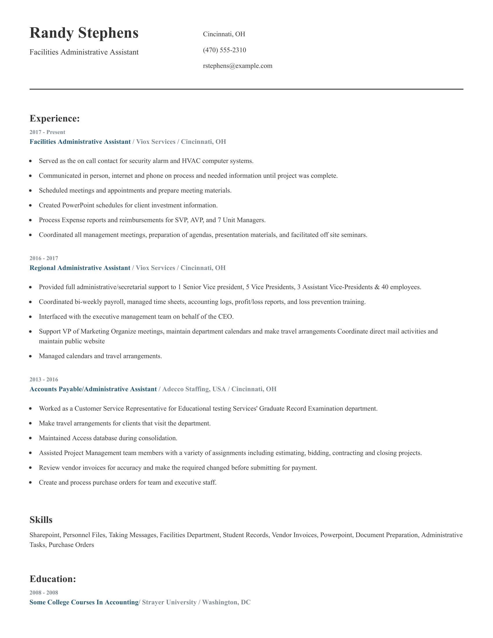 Facilities Administrative Assistant resume example