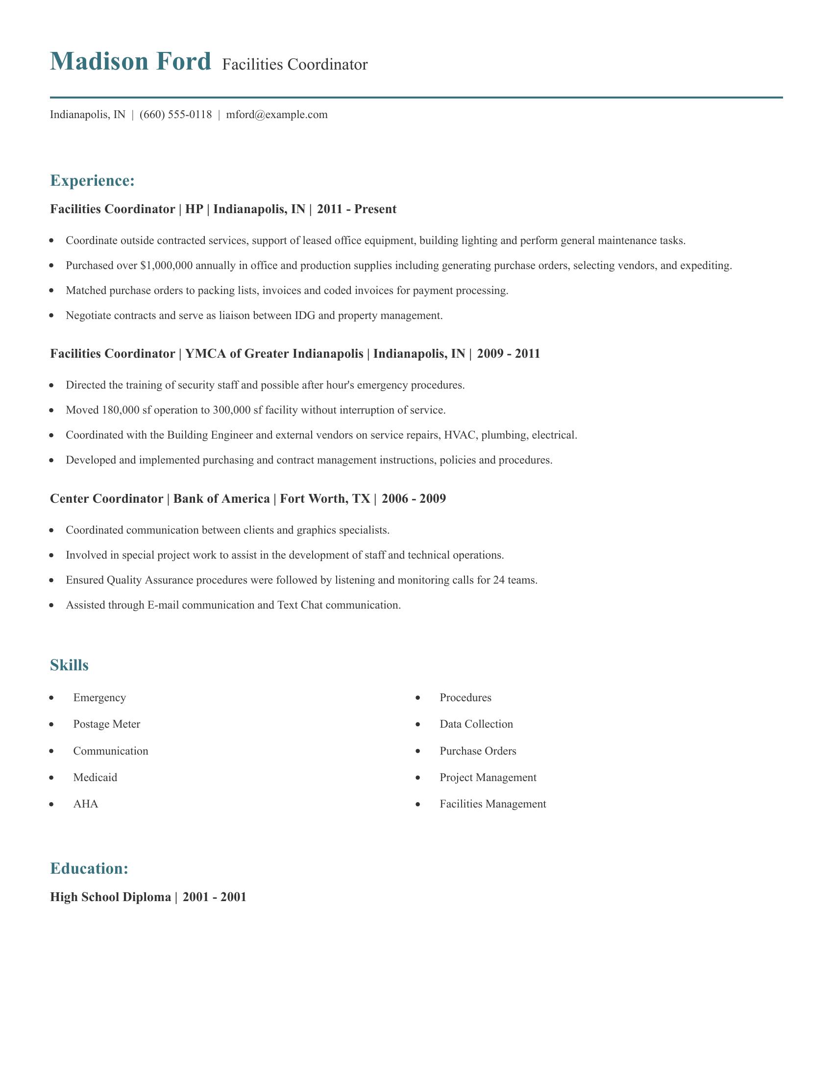 Facilities Coordinator resume example