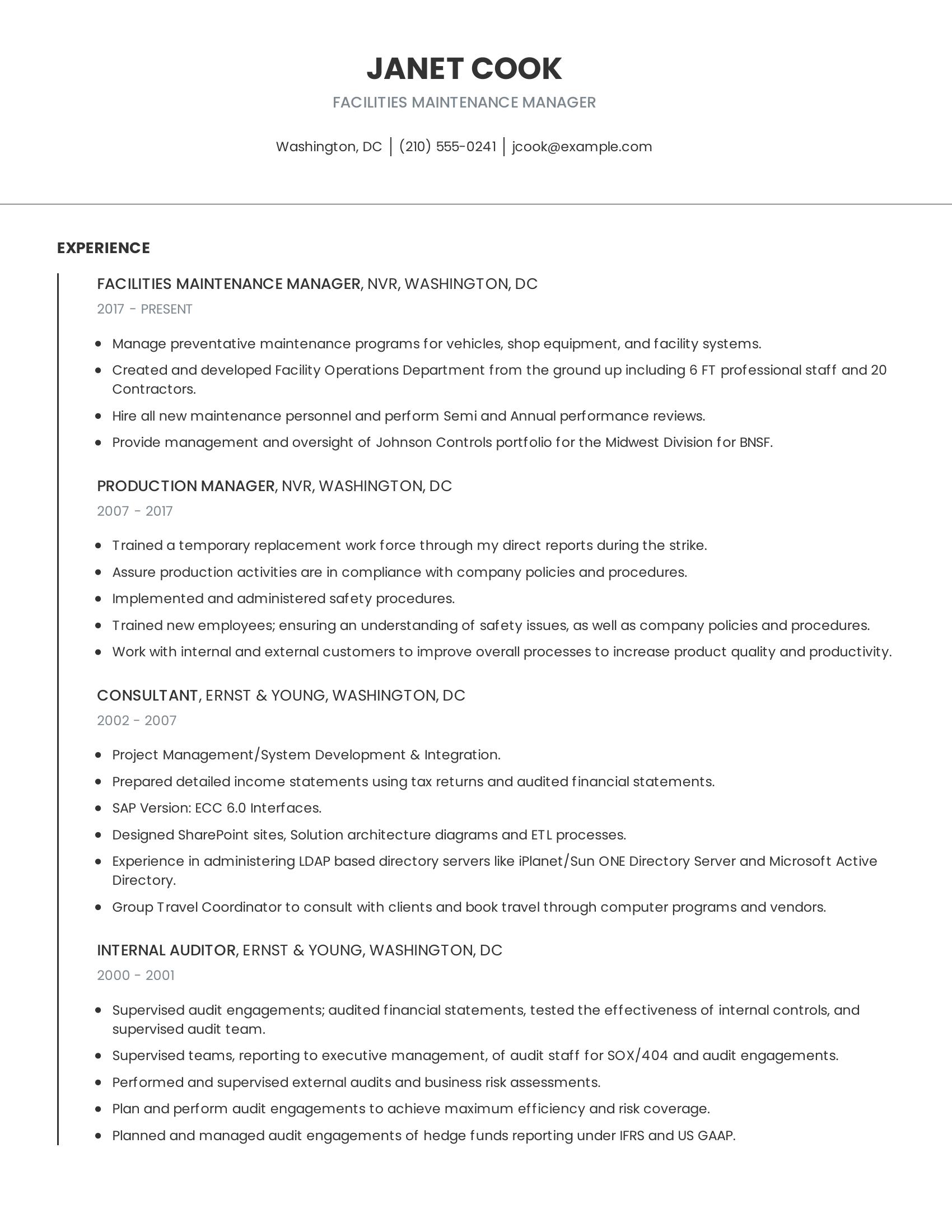 Facilities Maintenance Manager resume example