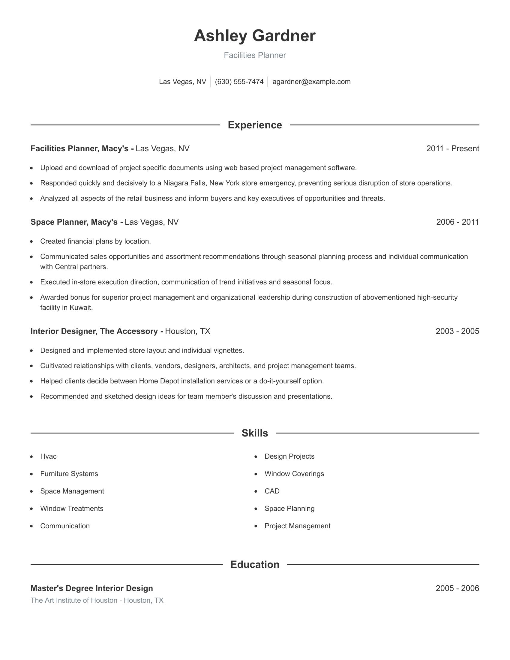 Facilities Planner resume example