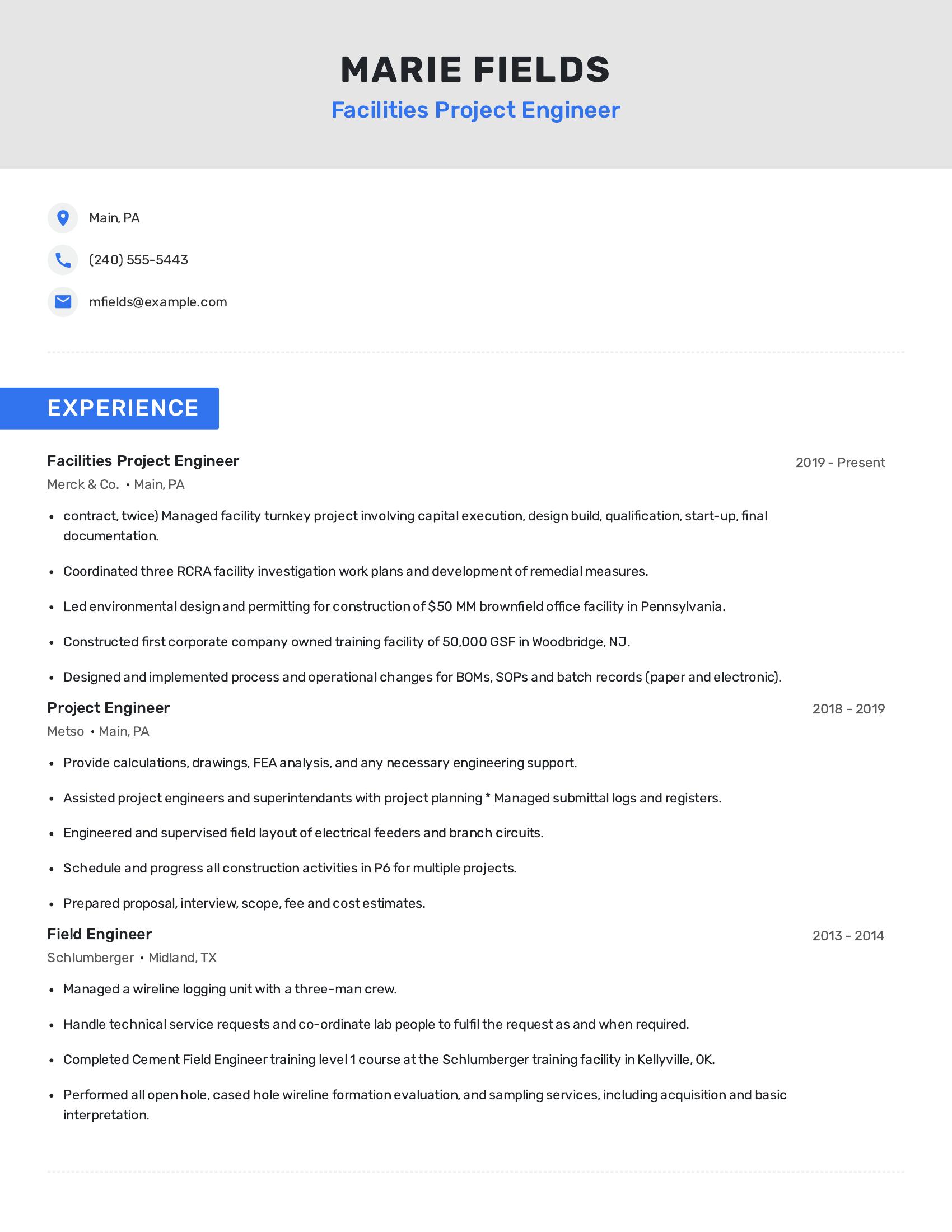 Facilities Project Engineer resume example