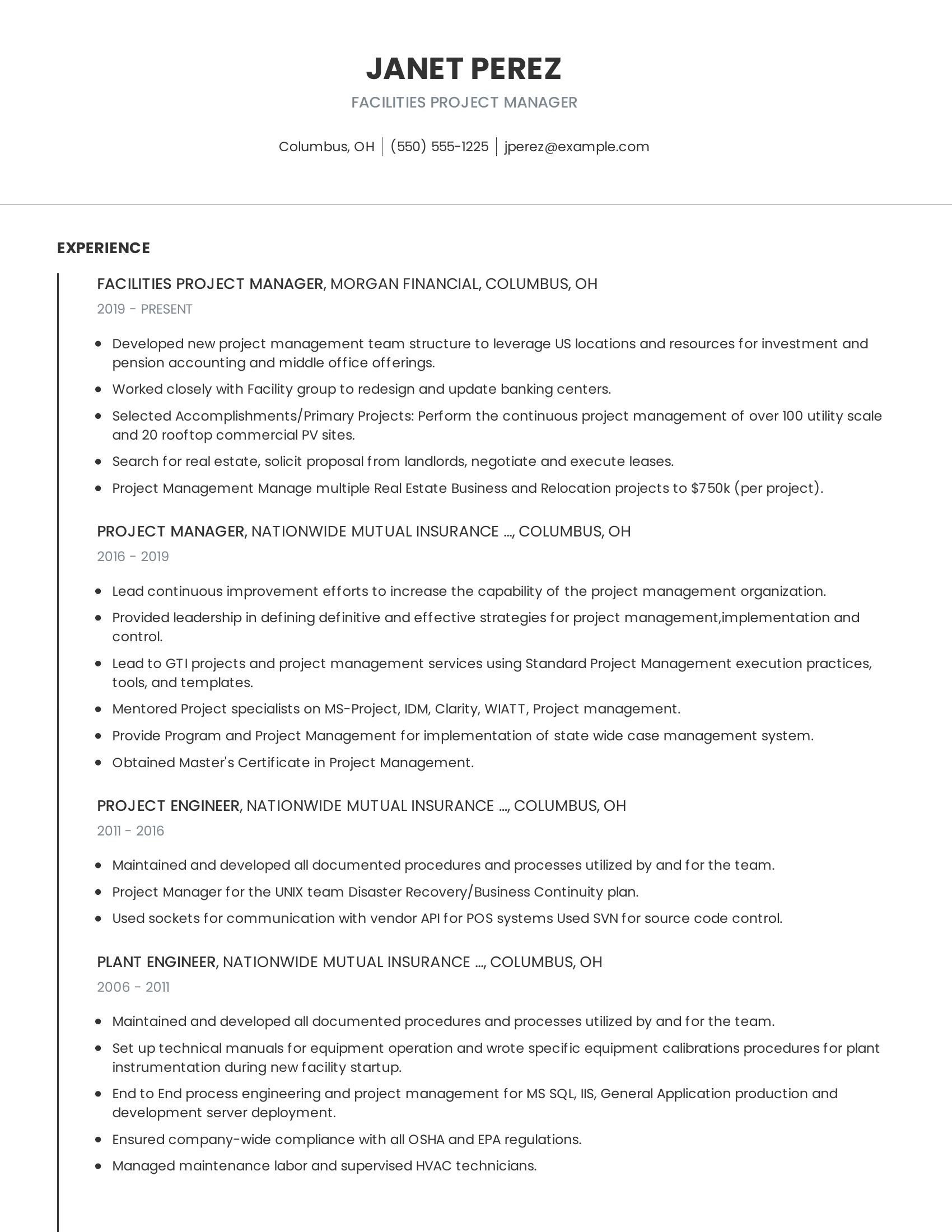 Facilities Project Manager resume example