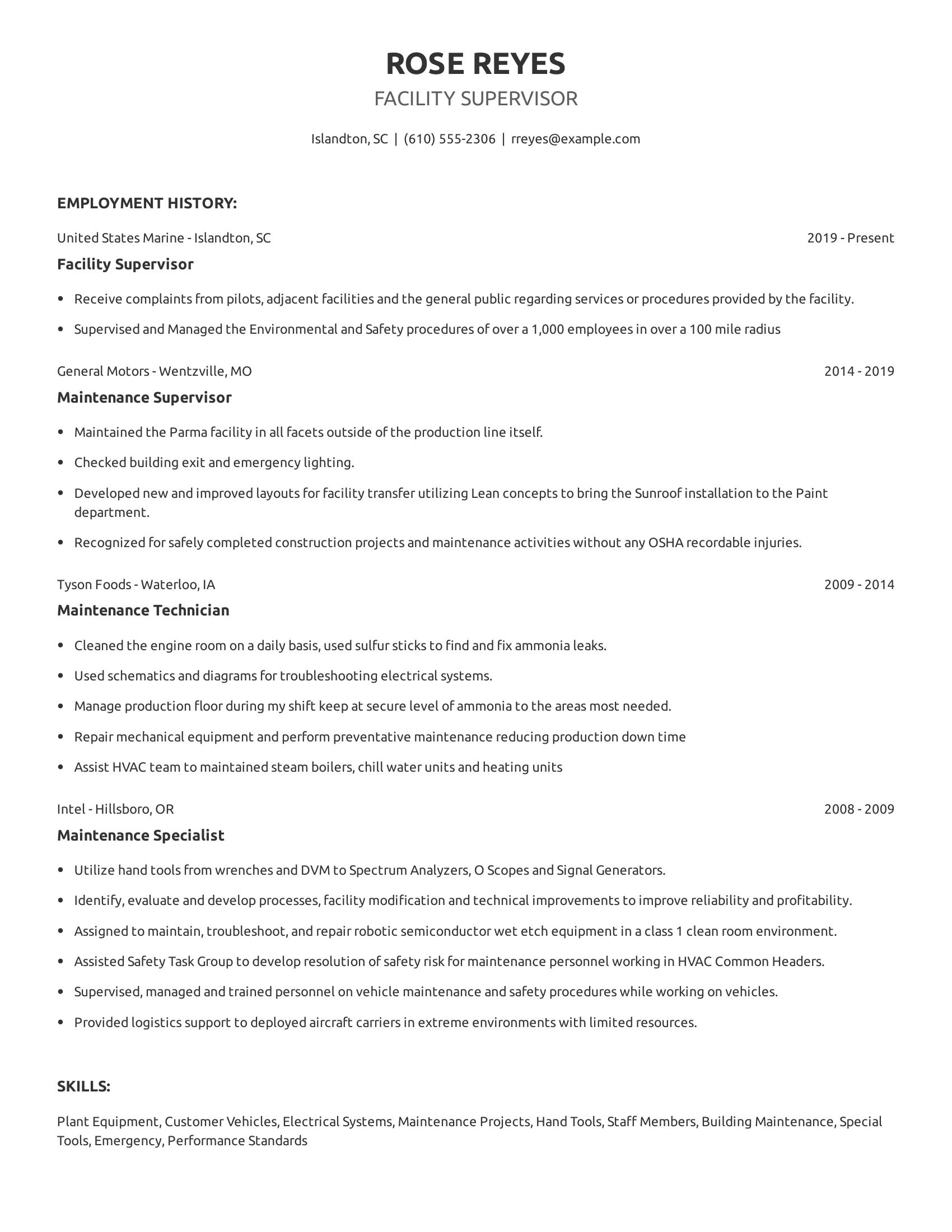 Facility Supervisor resume example