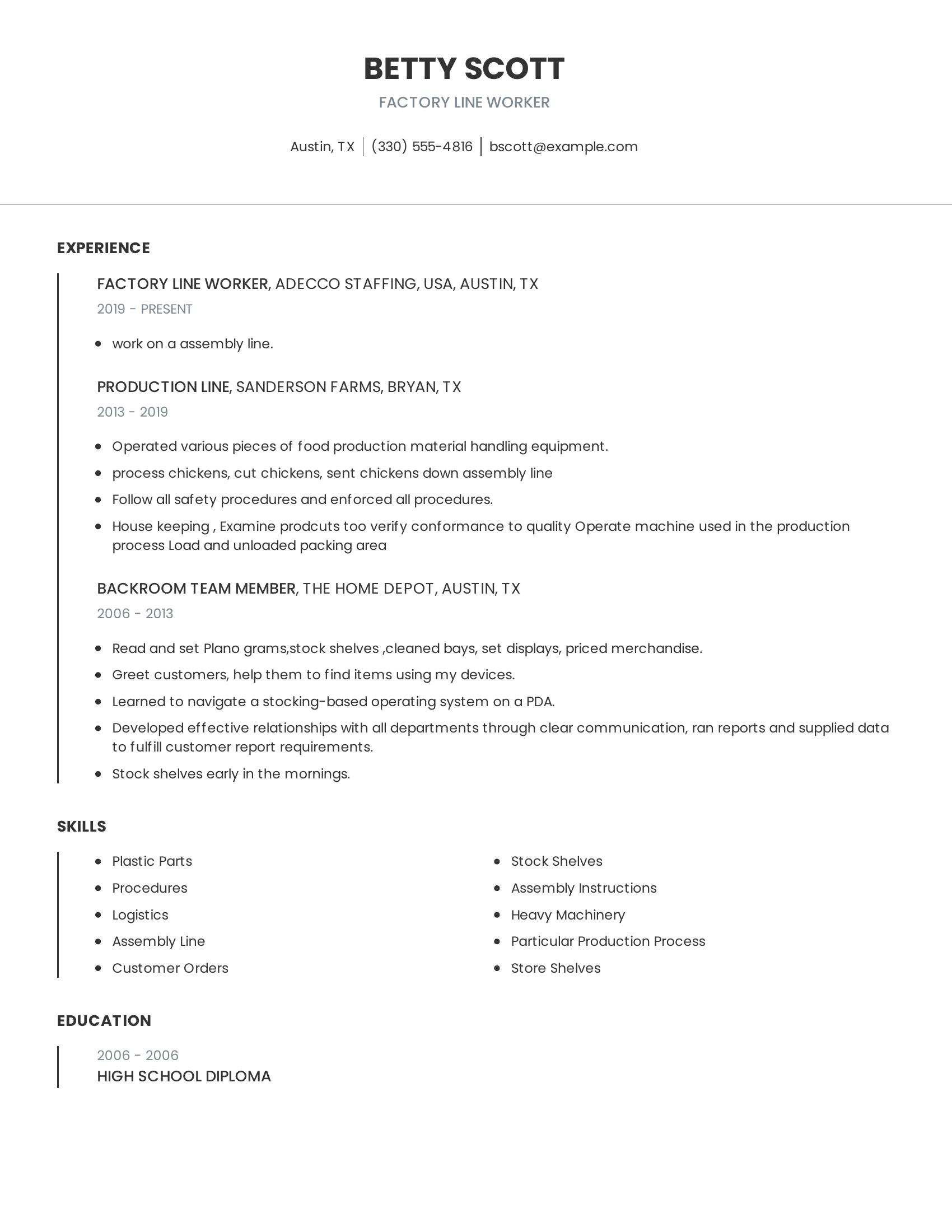 Factory Line Worker resume example