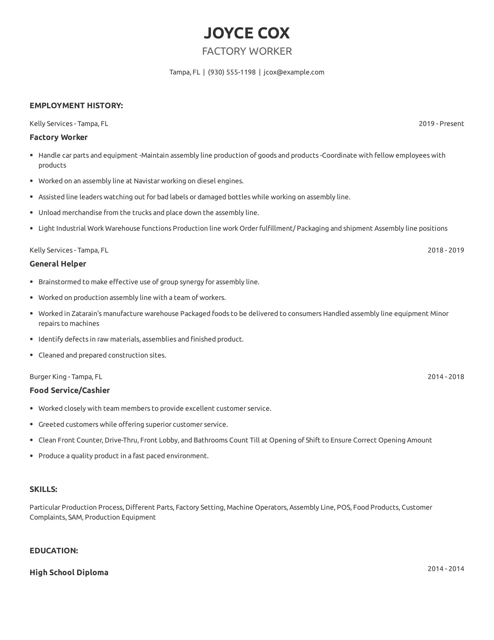 Factory Worker resume example