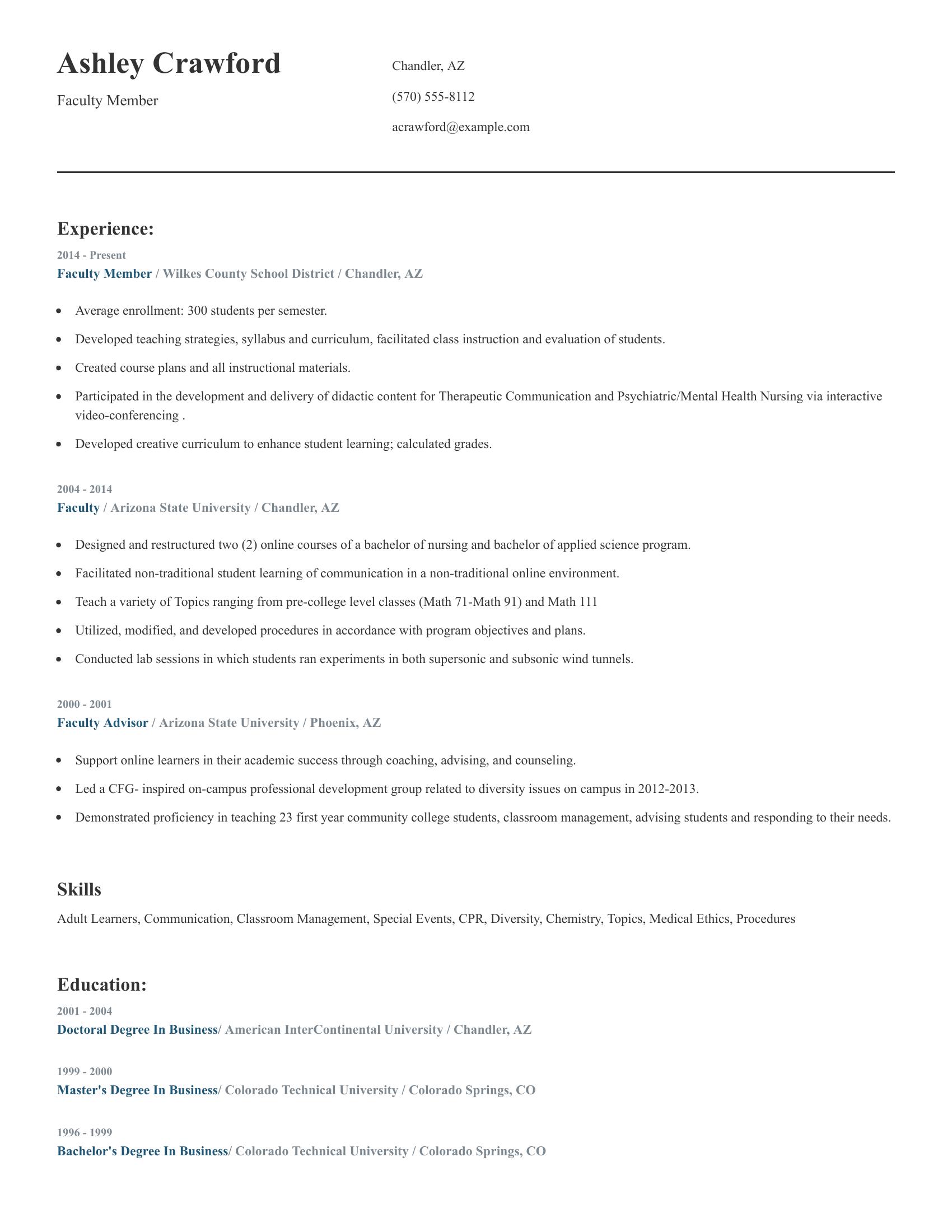 Faculty Member resume example