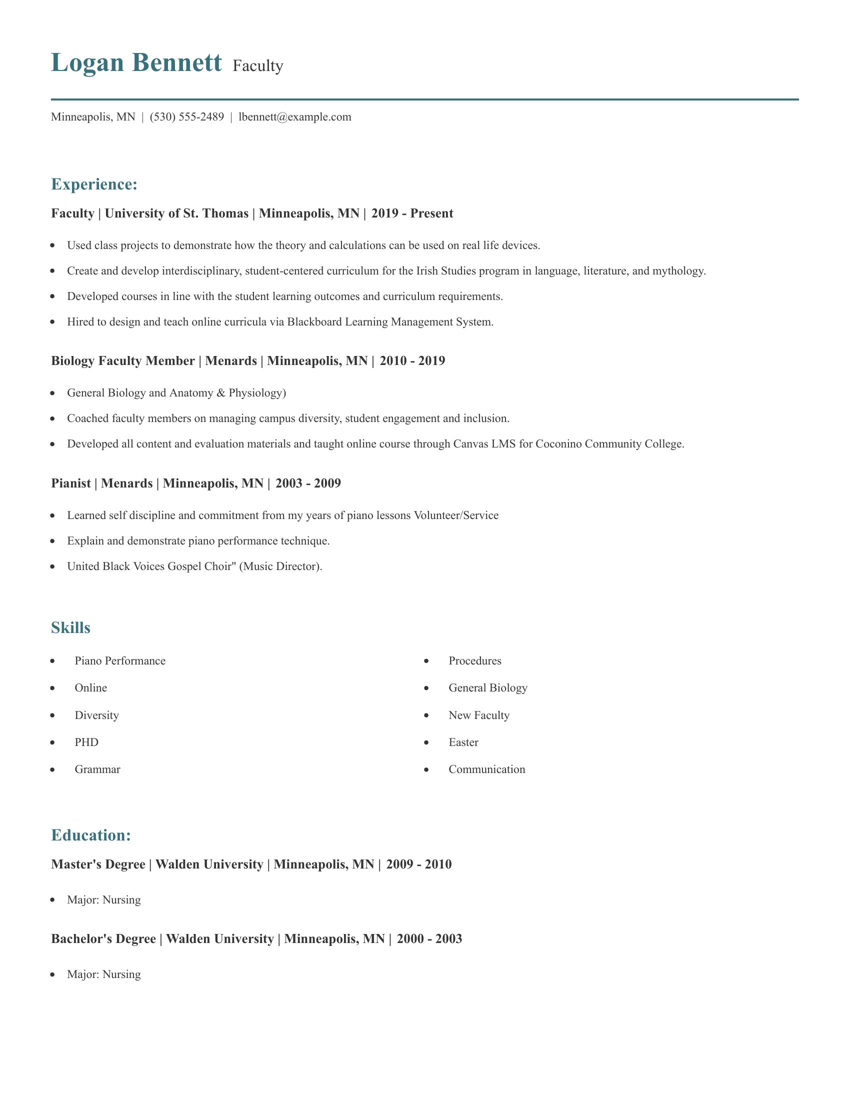 Faculty resume example