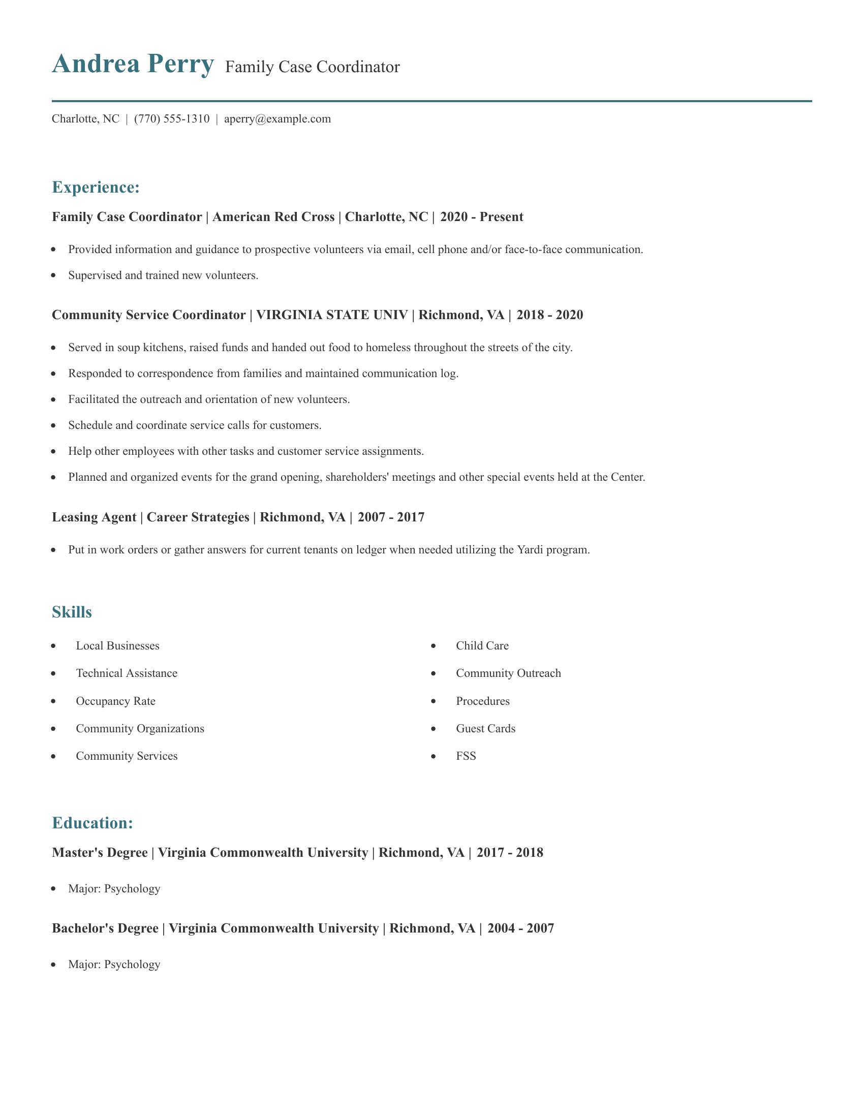 Family Case Coordinator resume example