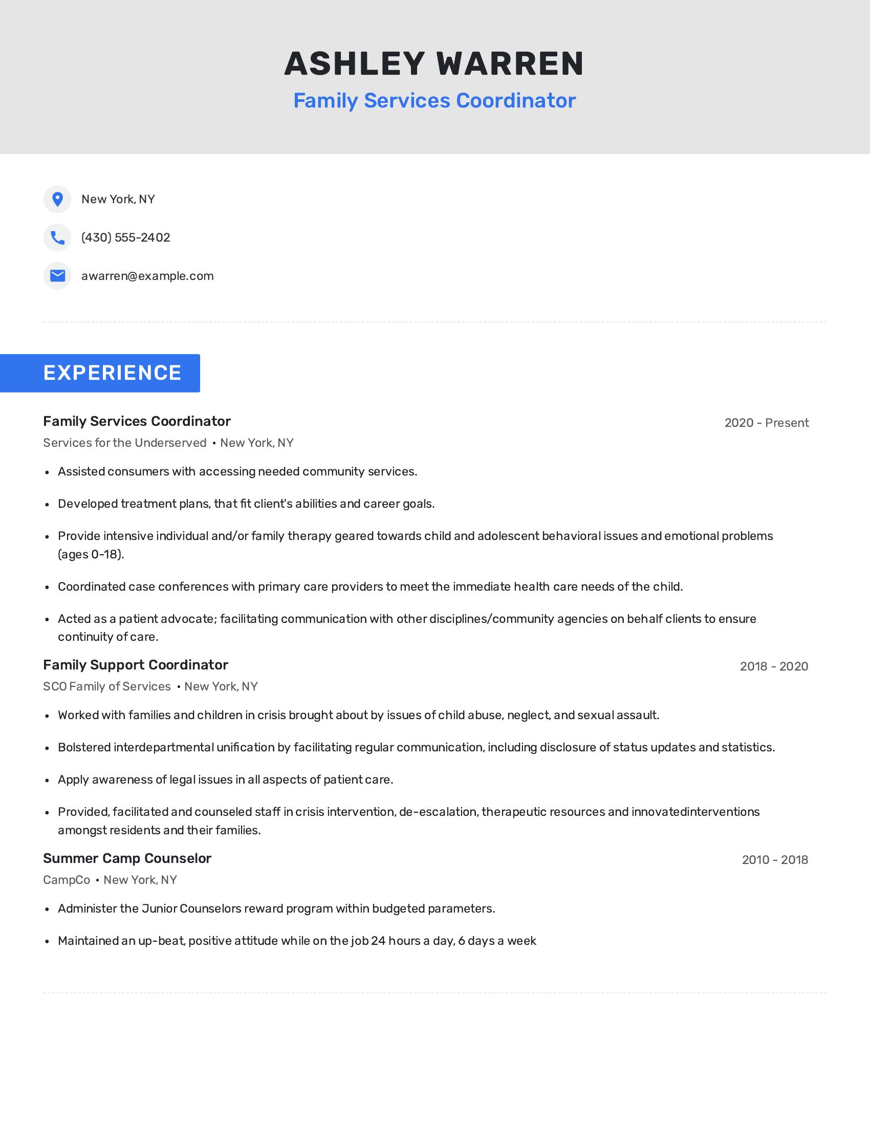 Family Services Coordinator resume example