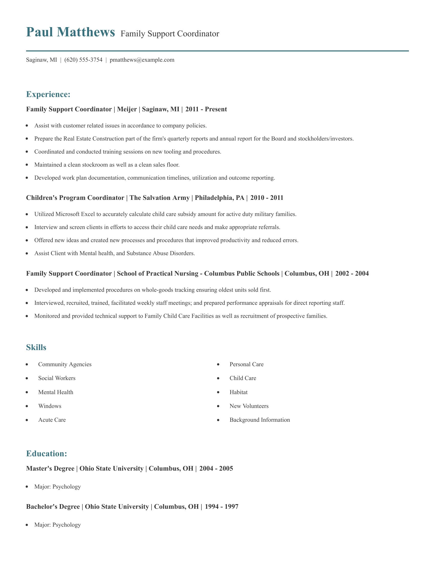 Family Support Coordinator resume example