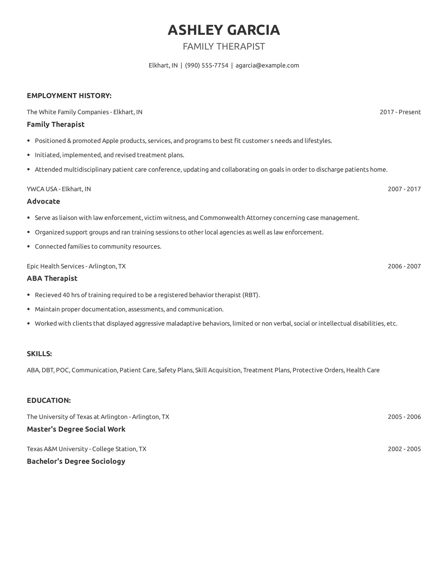 Family Therapist resume example