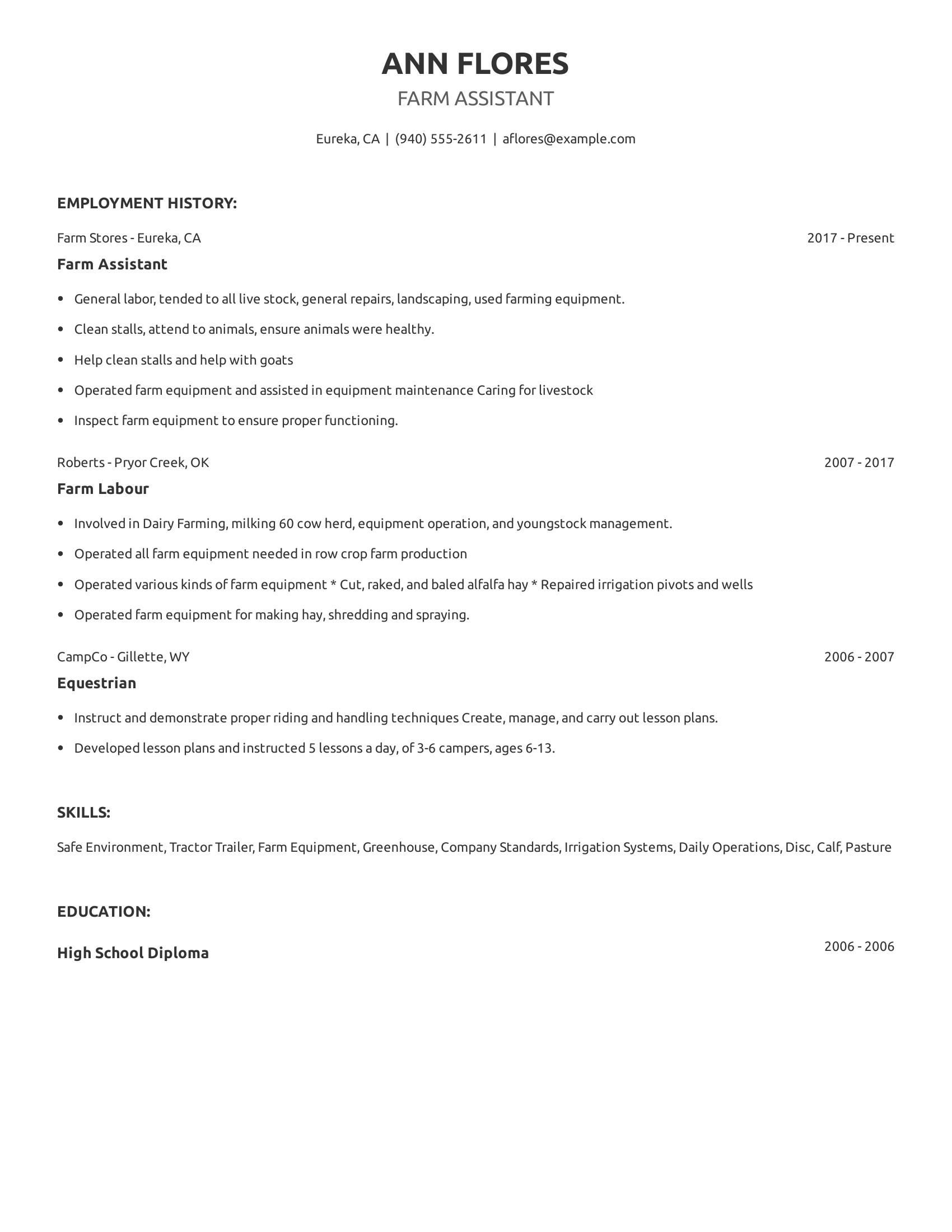 Farm Assistant resume example