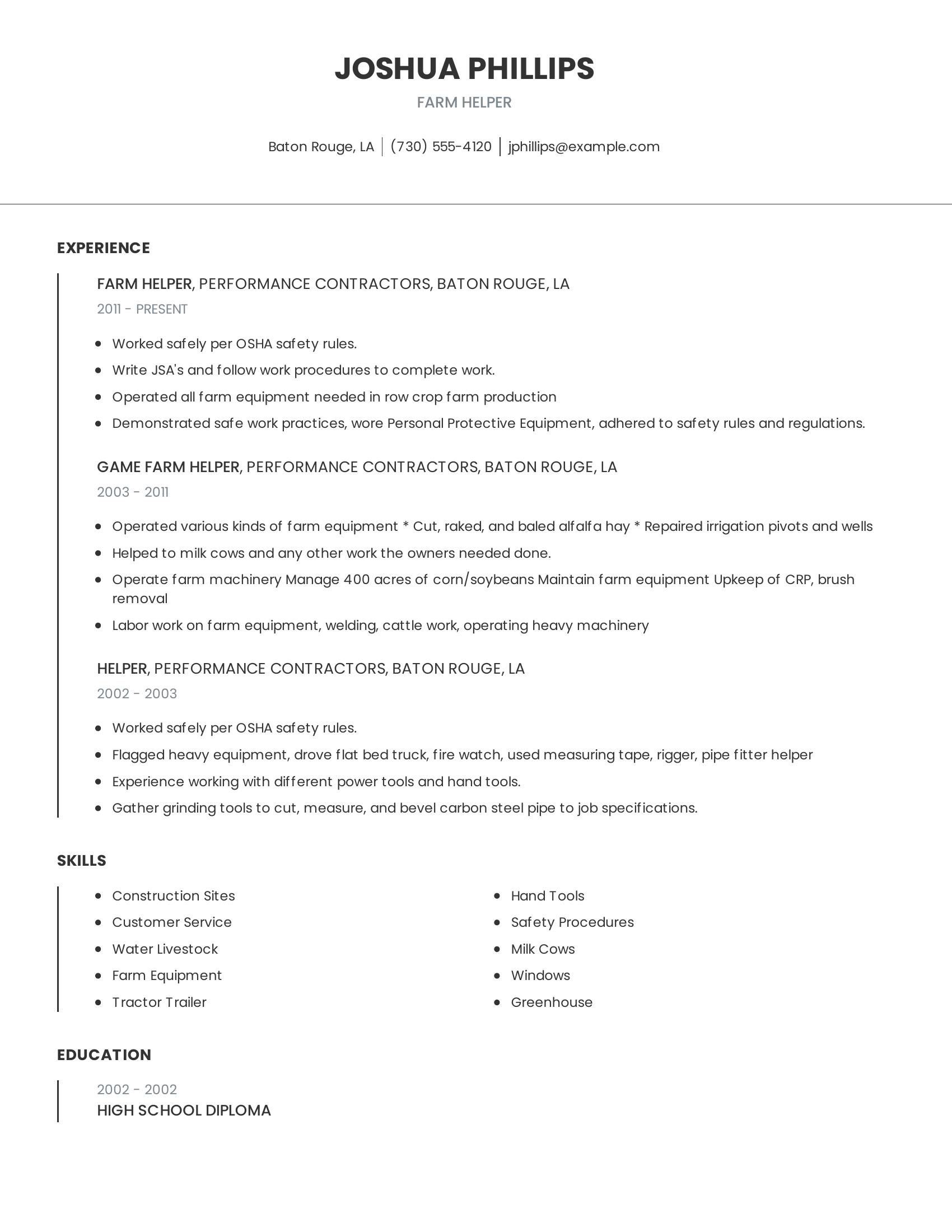 Farm Helper resume example