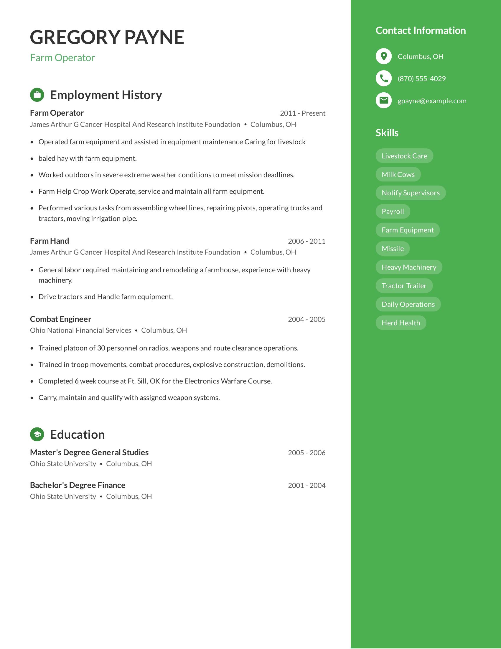 Farm Operator resume example