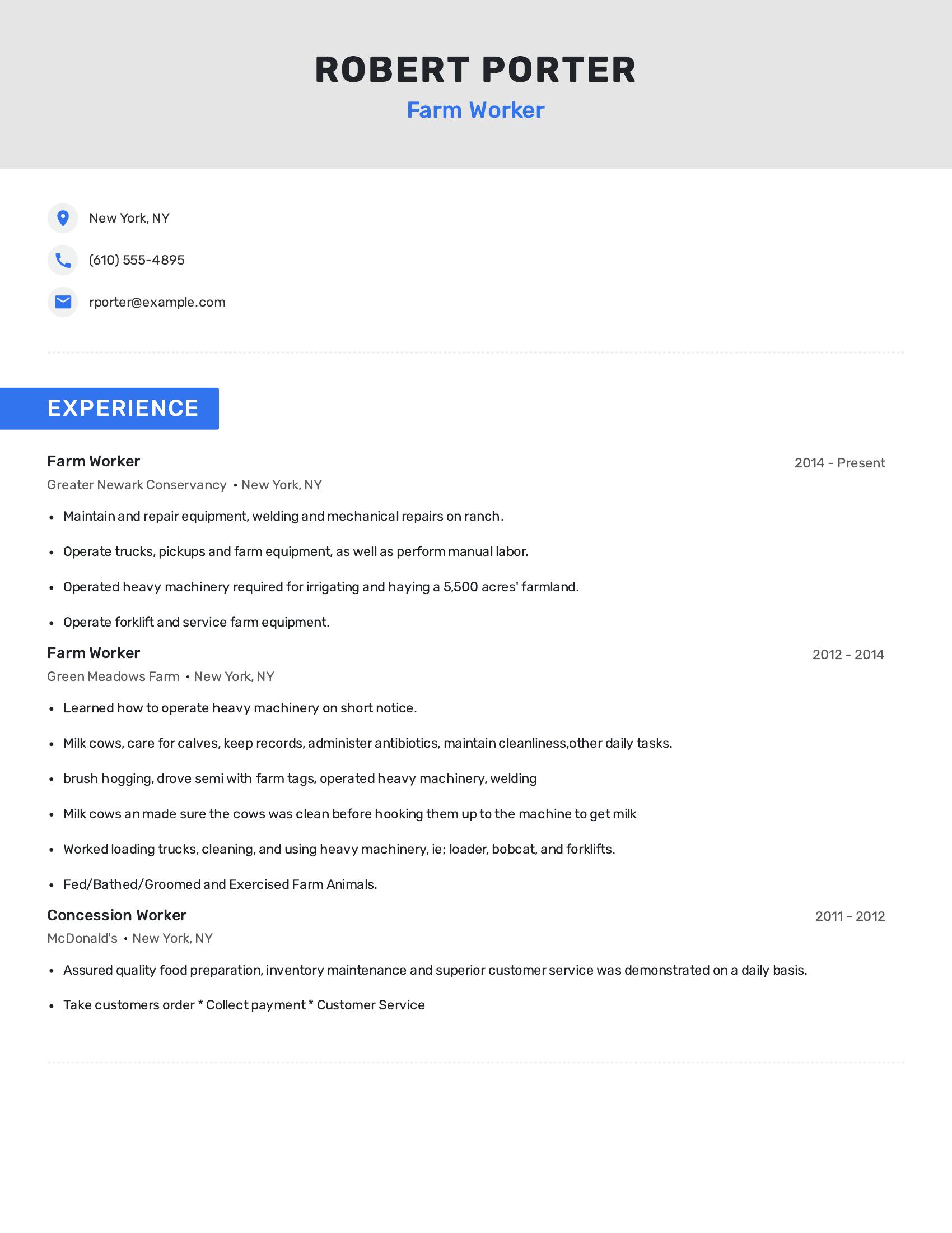 Farm Worker resume example