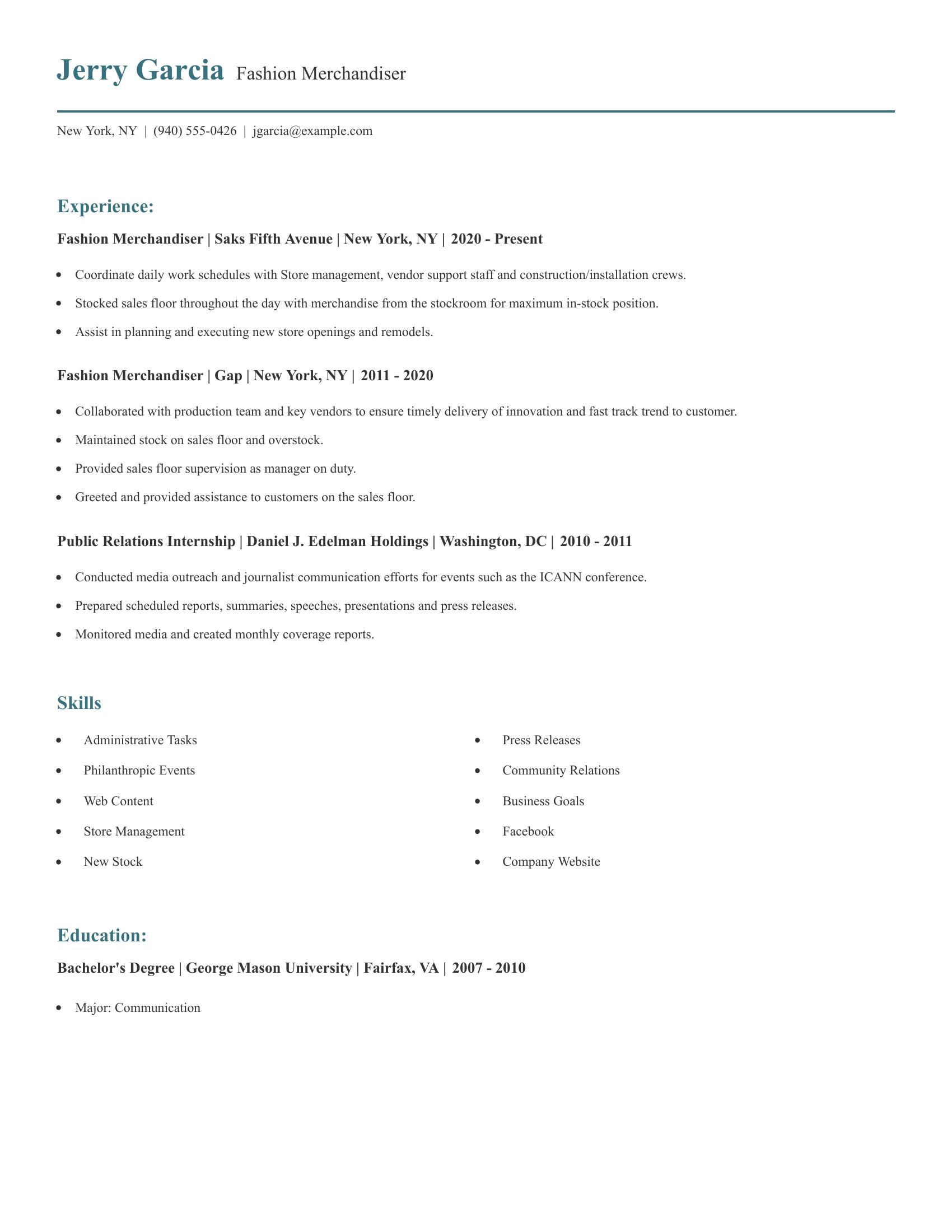 Fashion Merchandiser resume example