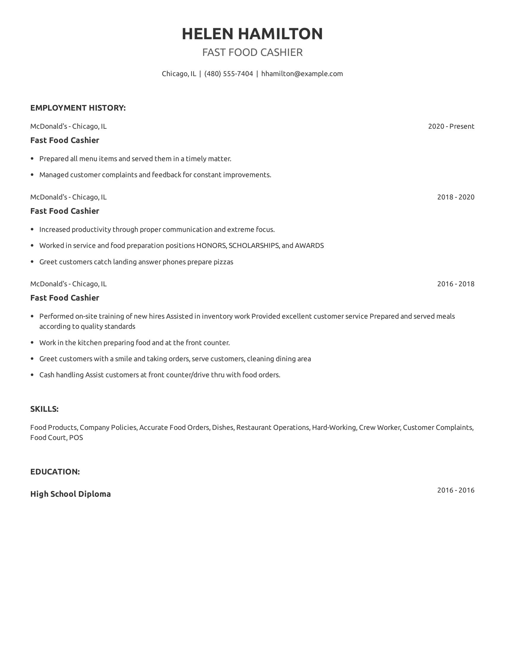 Fast Food Cashier resume example