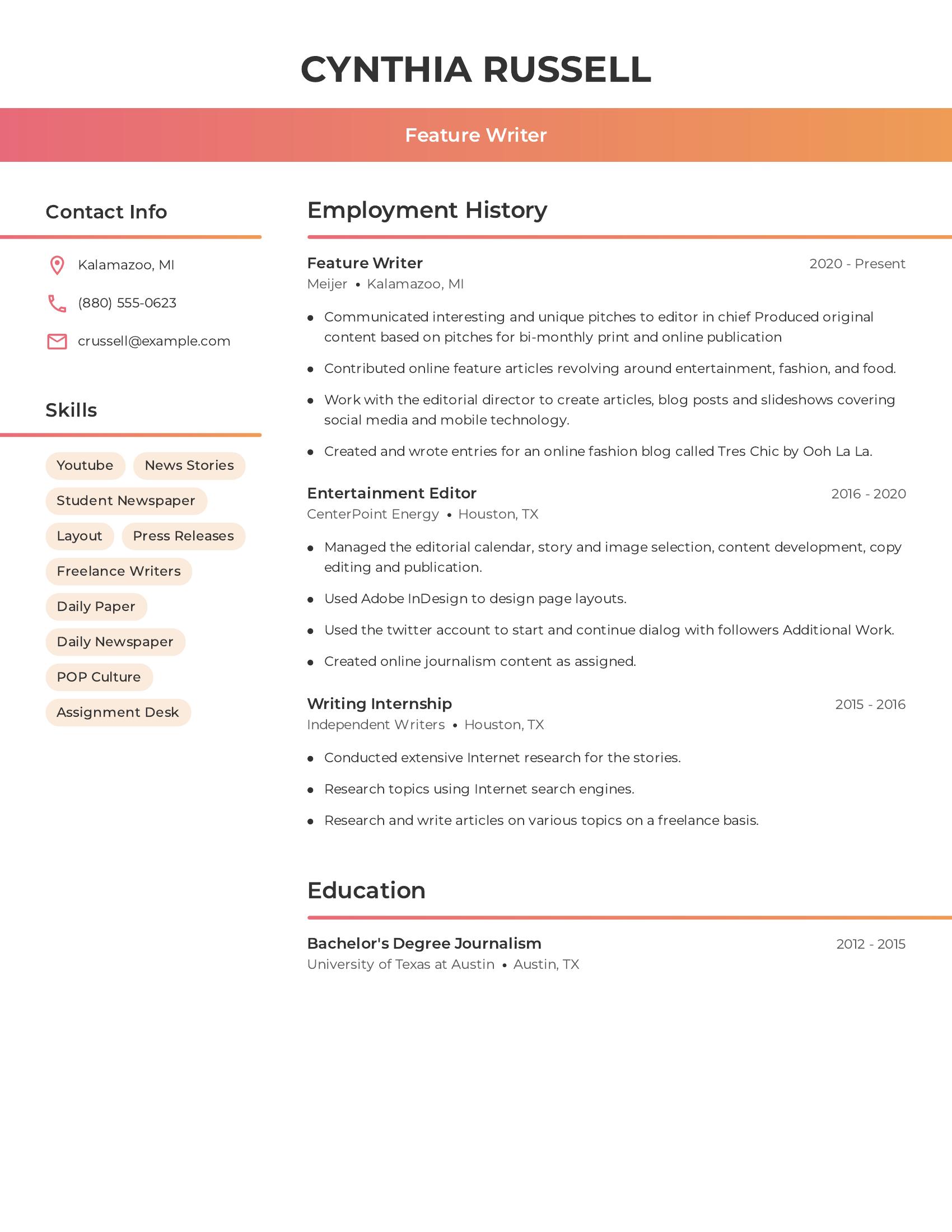 Feature Writer resume example