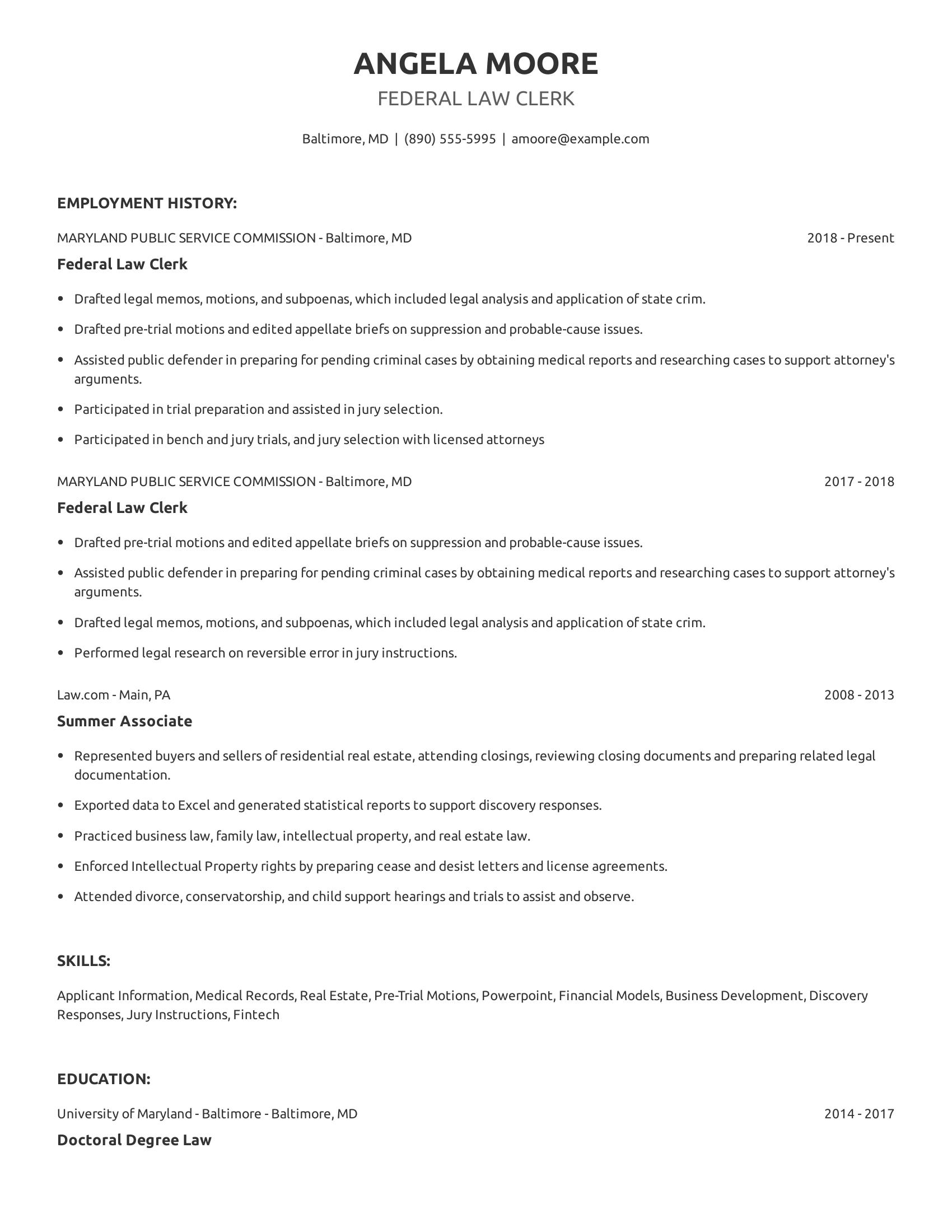 Federal Law Clerk resume example