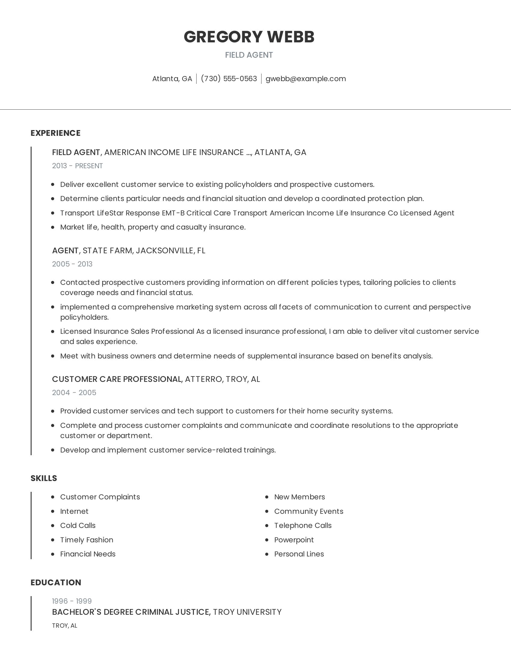 Field Agent resume example