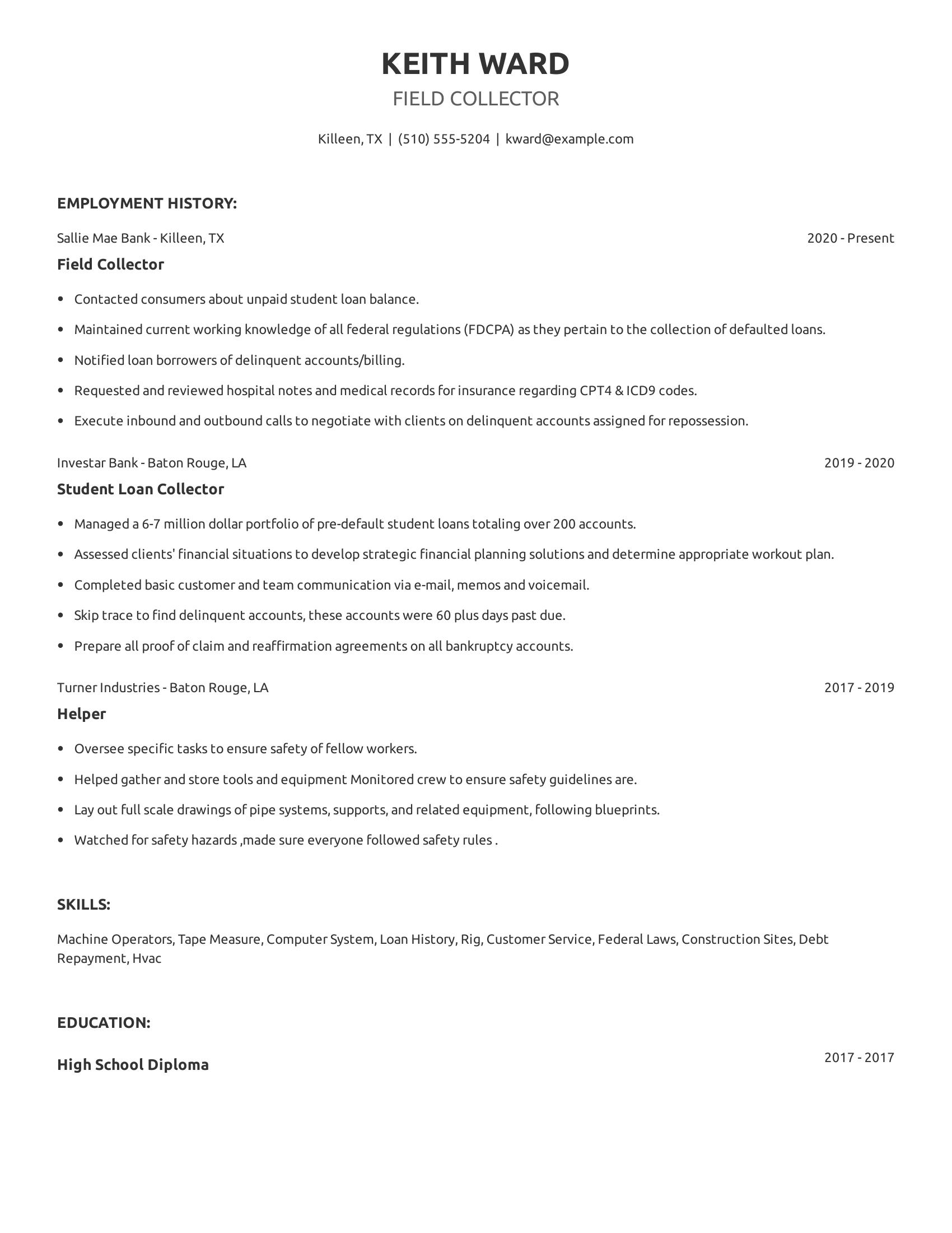 Field Collector resume example