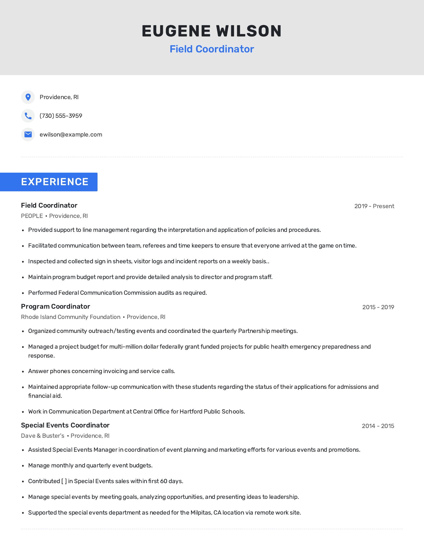 Field Coordinator resume example