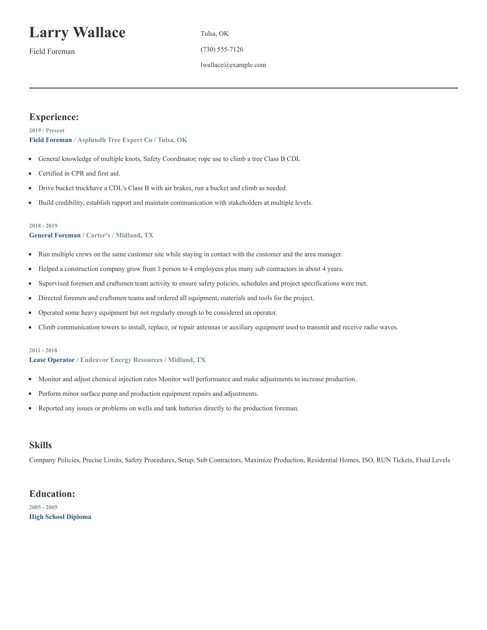 Field Foreman resume example