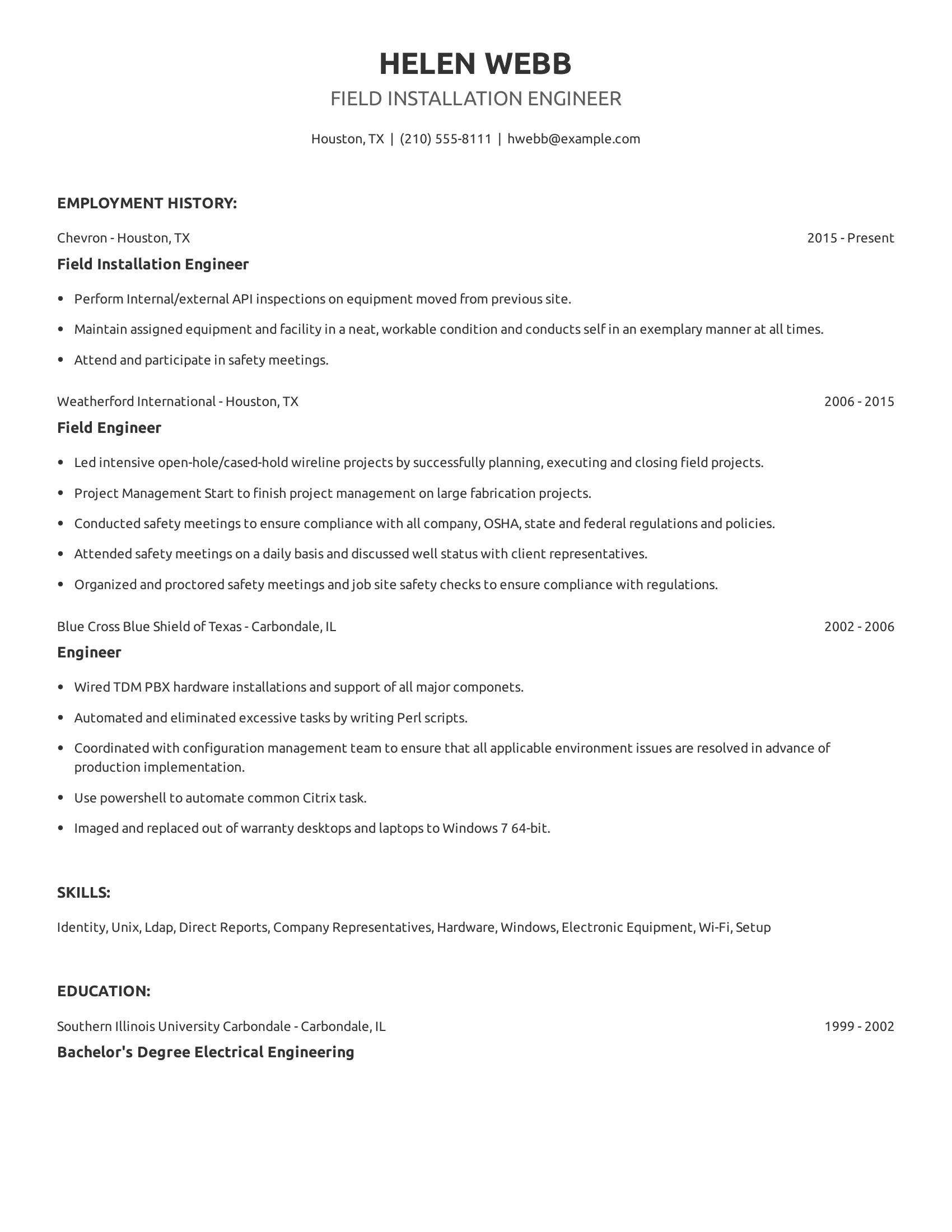 Field Installation Engineer resume example