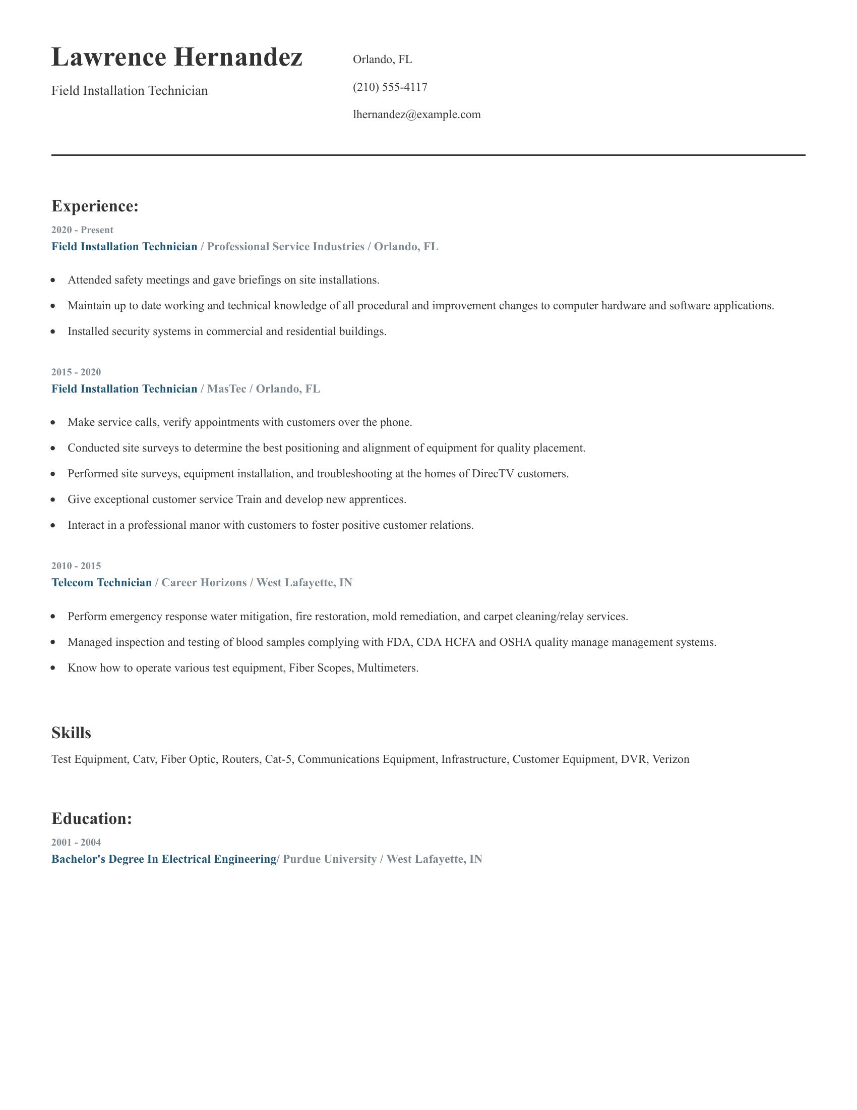 Field Installation Technician resume example