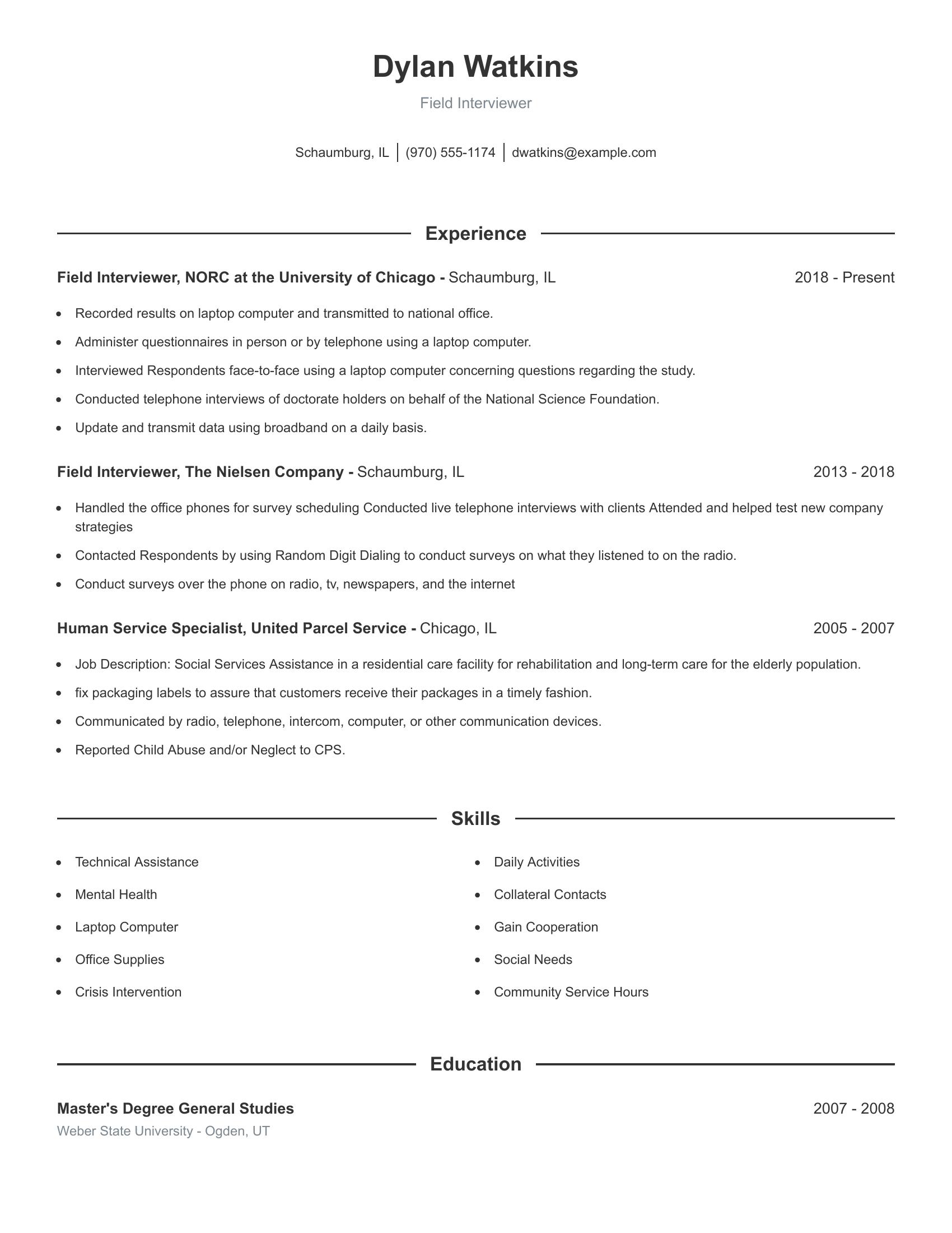 Field Interviewer resume example