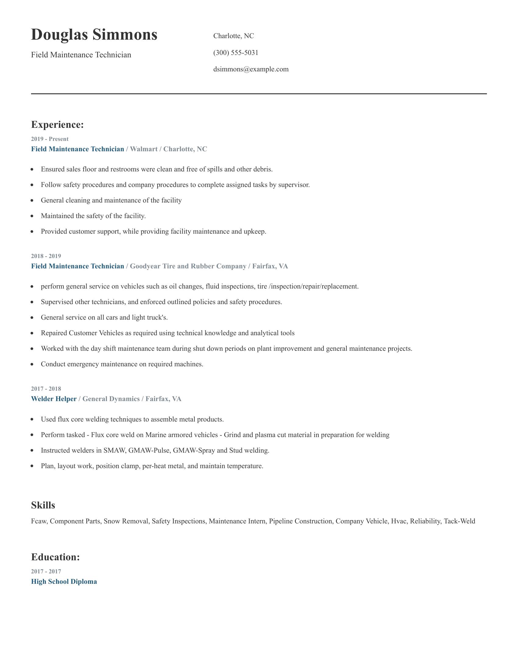 Field Maintenance Technician resume example