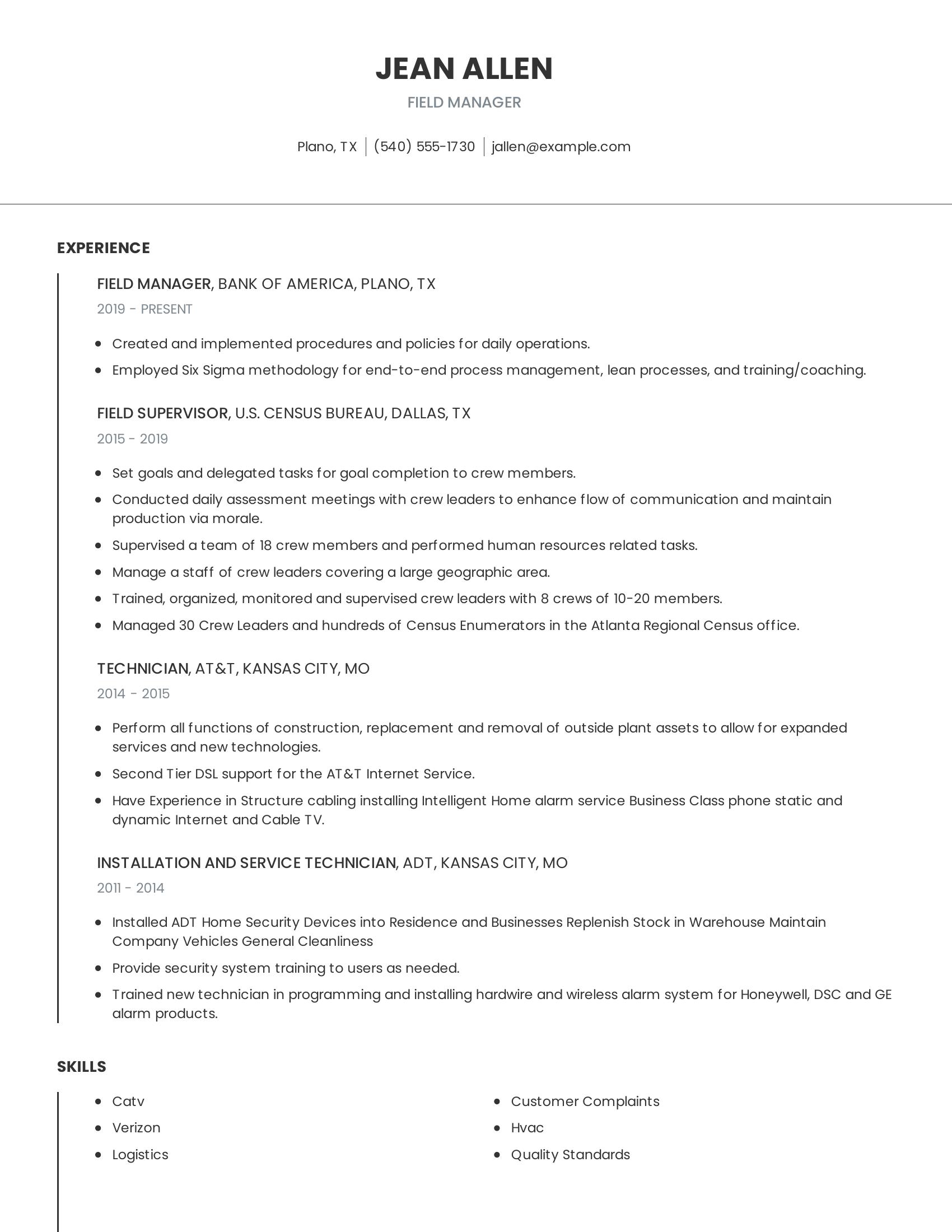 Field Manager resume example