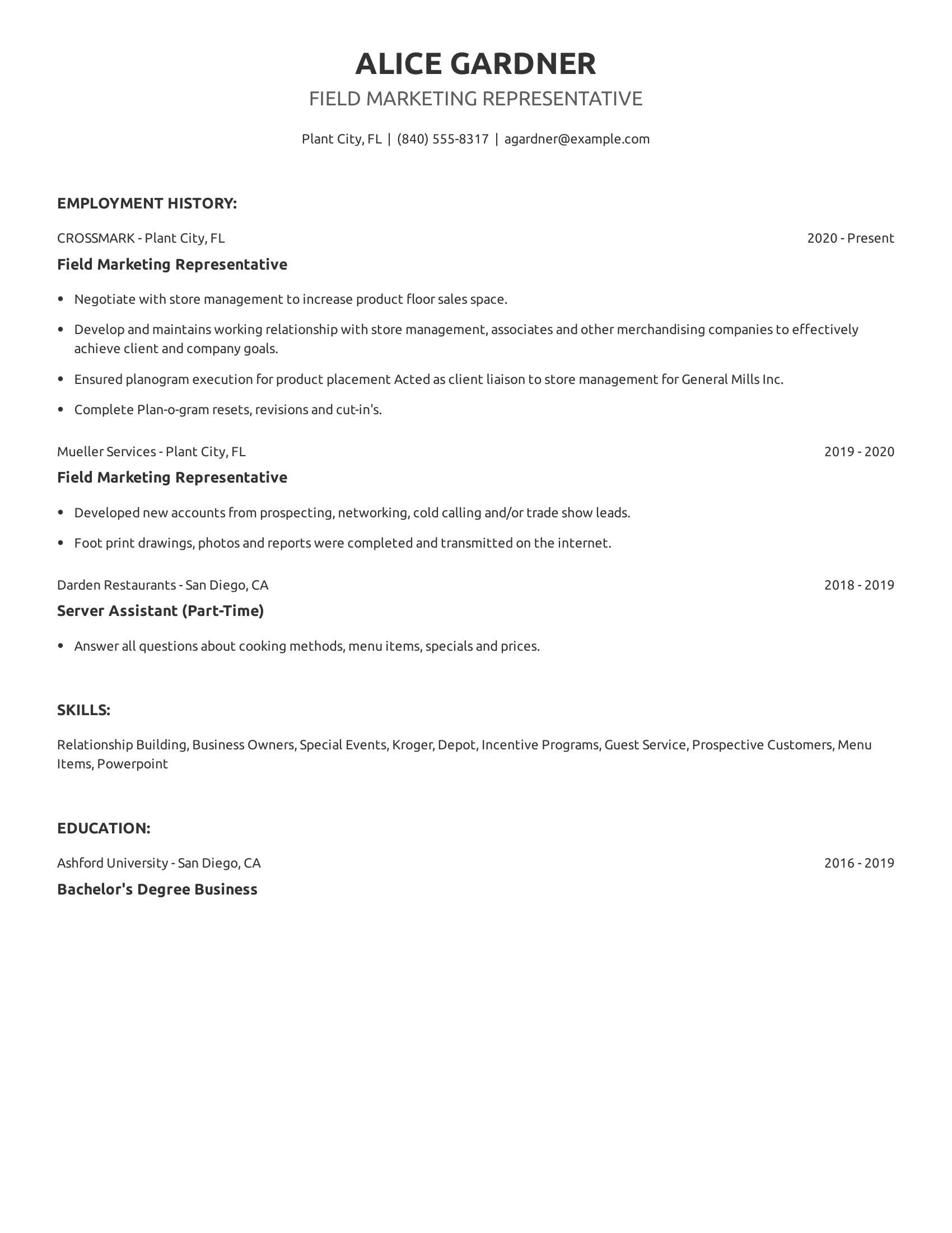 Field Marketing Representative resume example