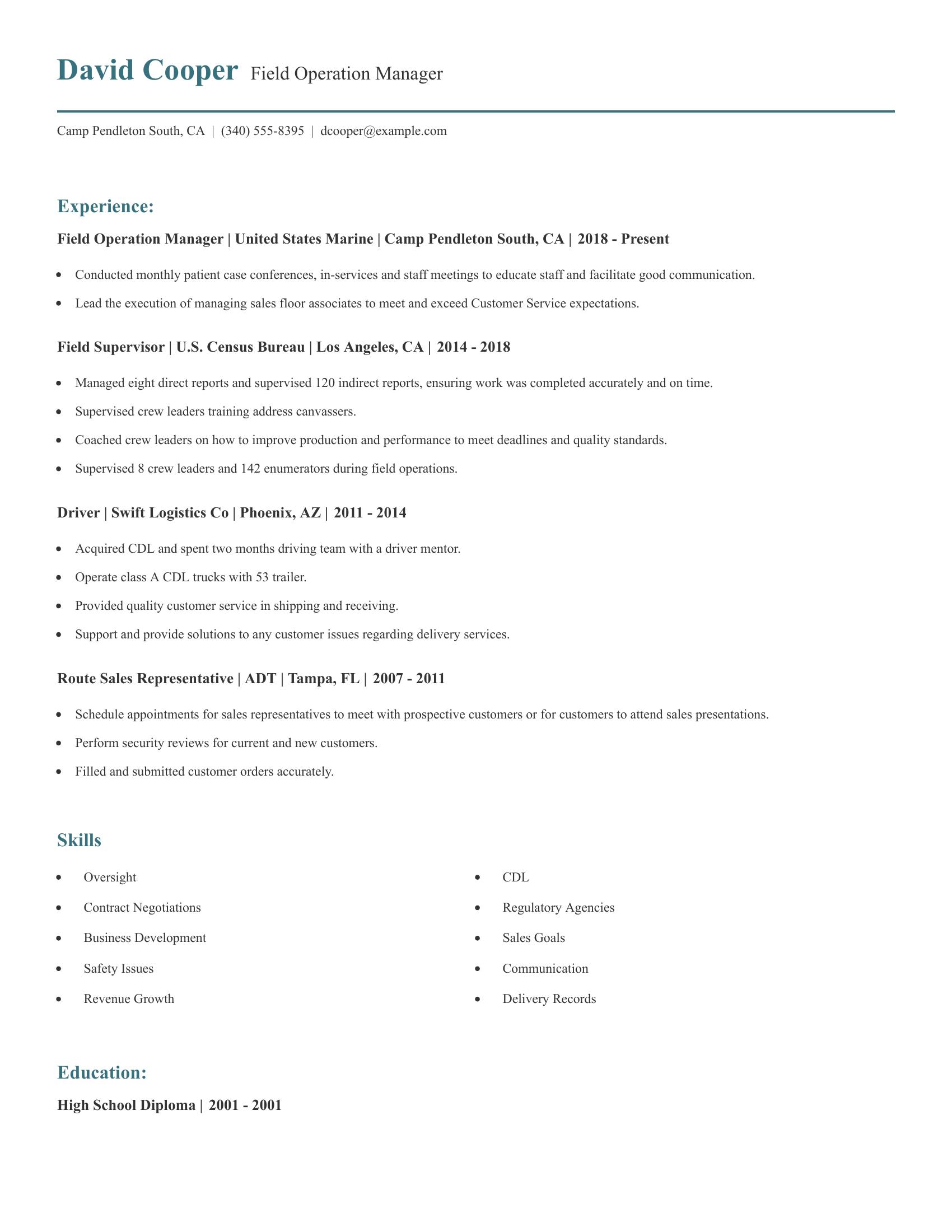 Field Operation Manager resume example