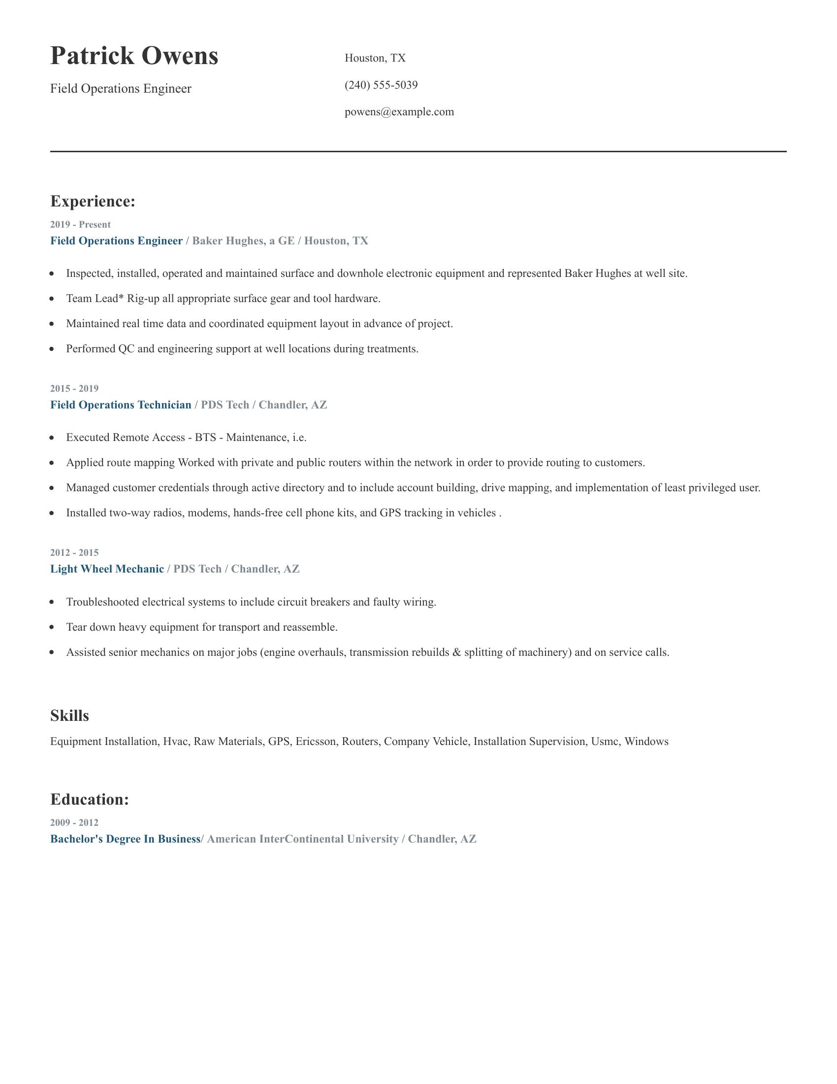 Field Operations Engineer resume example