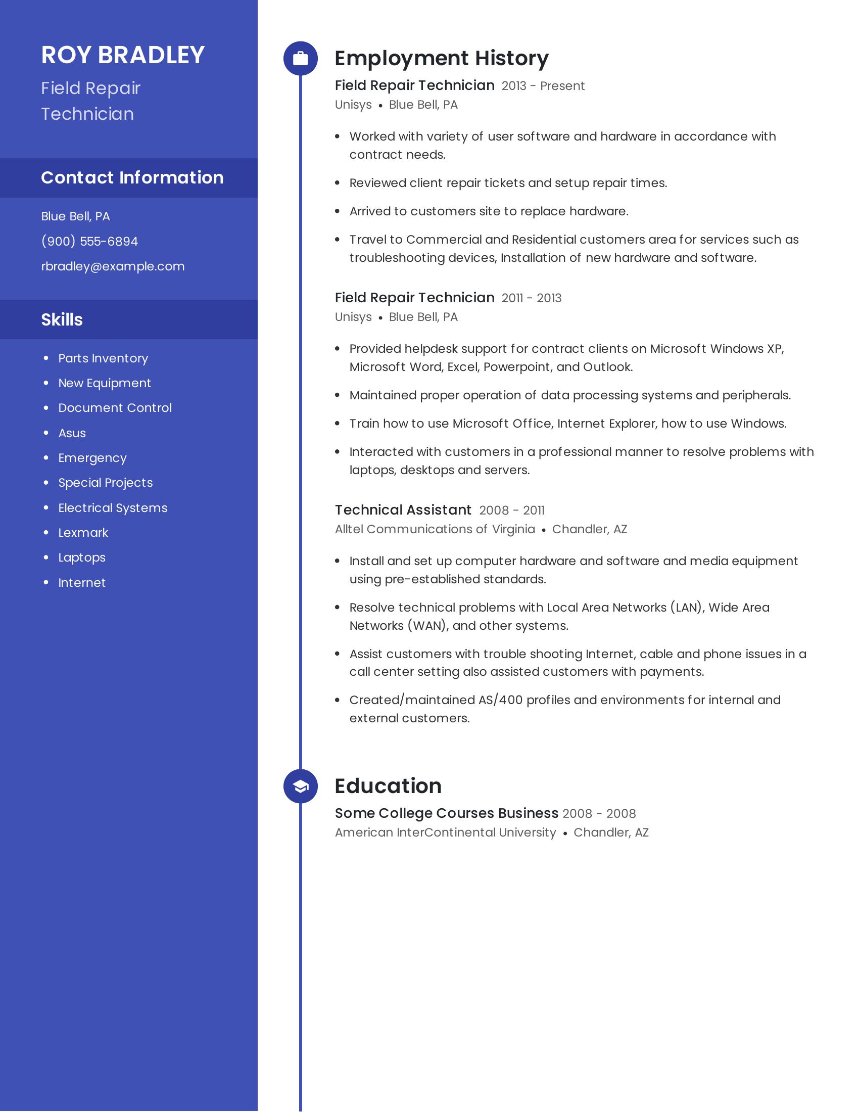 Field Repair Technician resume example