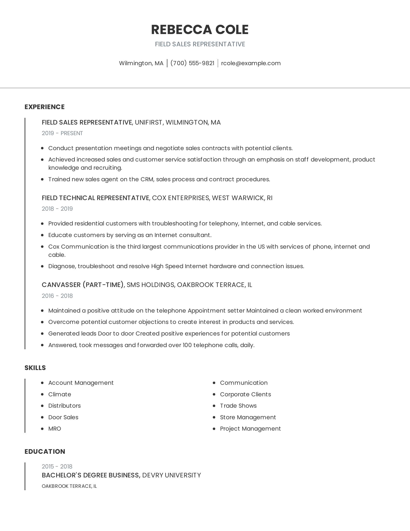 Field Sales Representative resume example