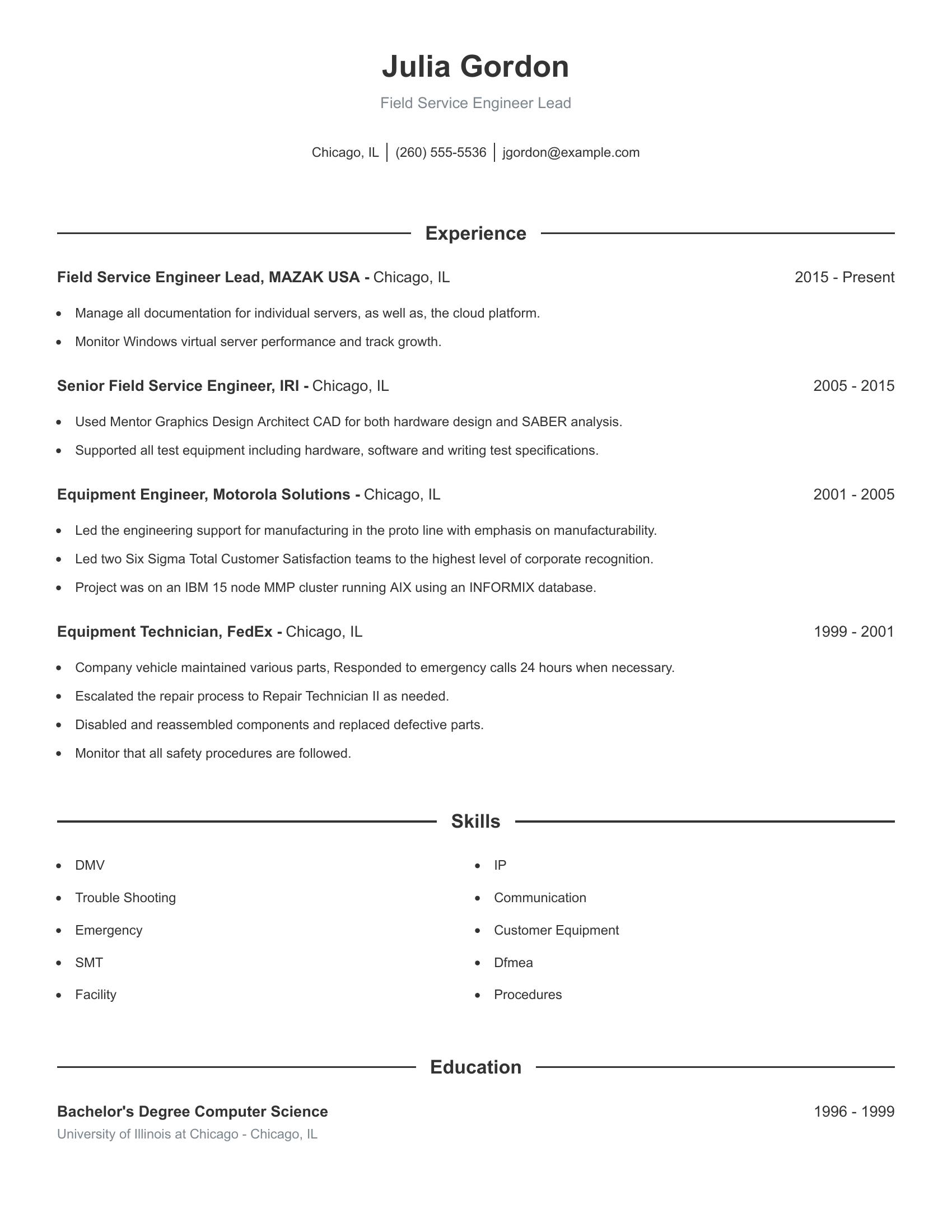 Field Service Engineer Lead resume example