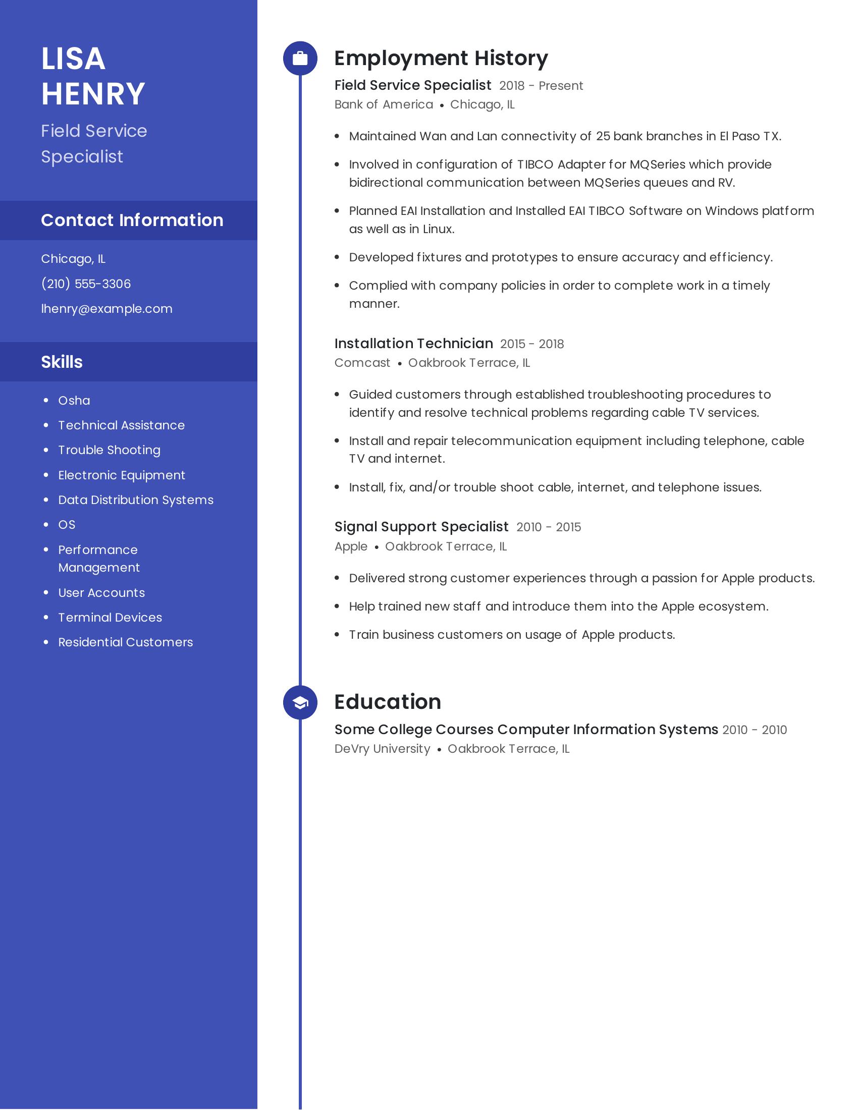 Field Service Specialist resume example