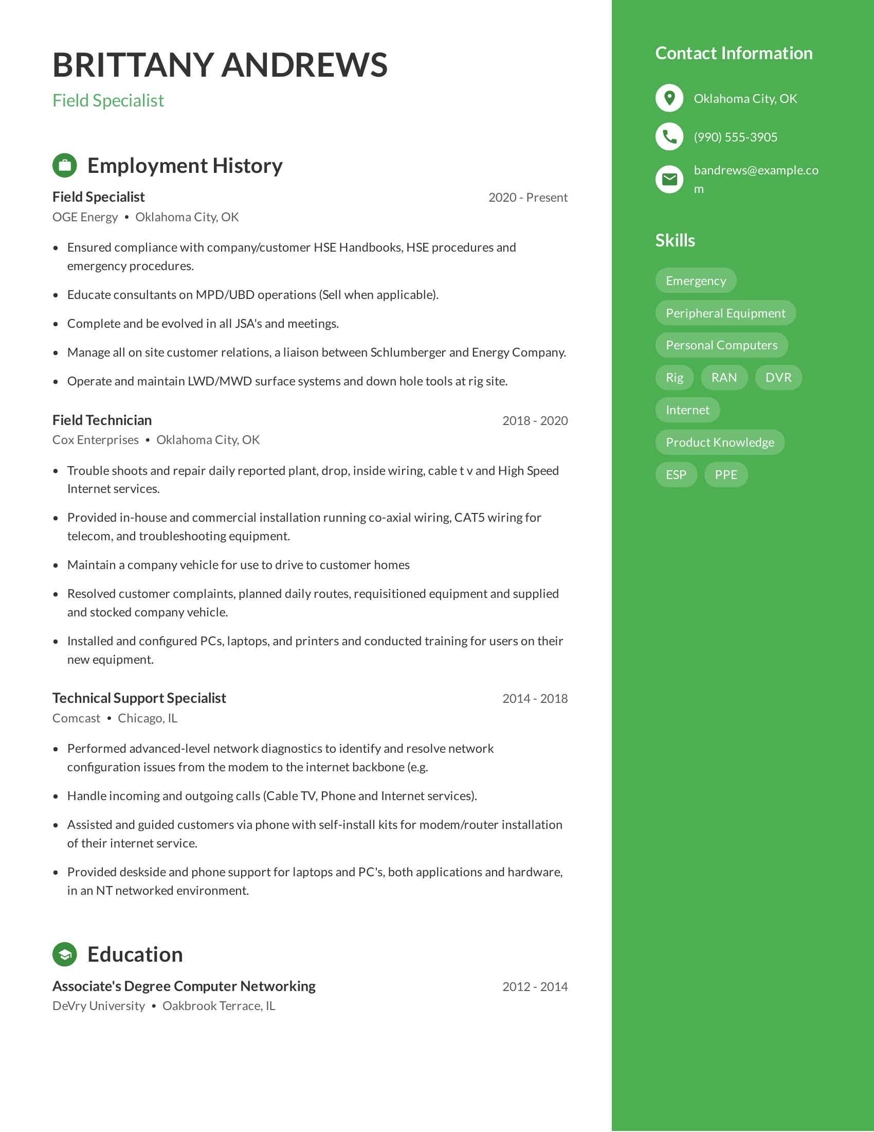 Field Specialist resume example