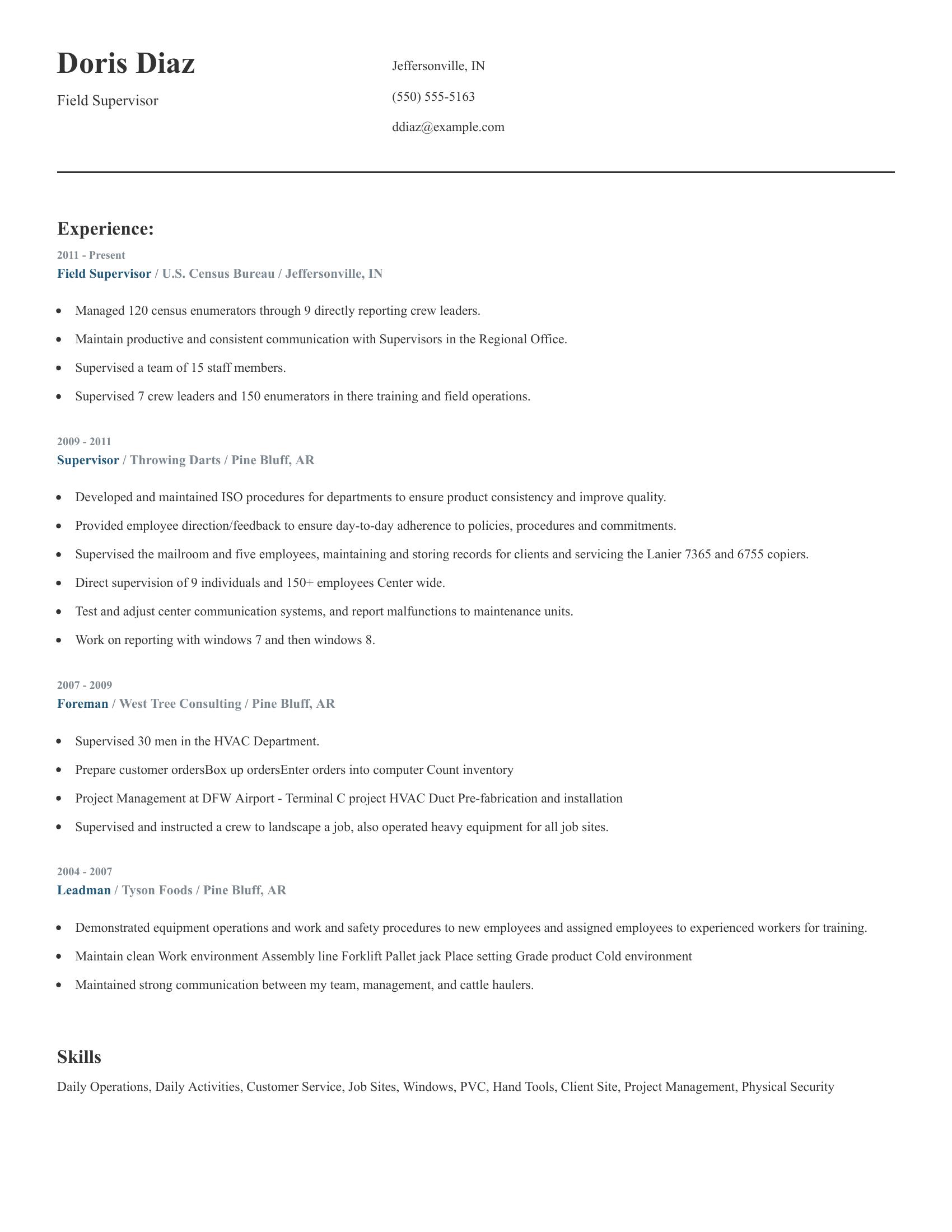 Field Supervisor resume example