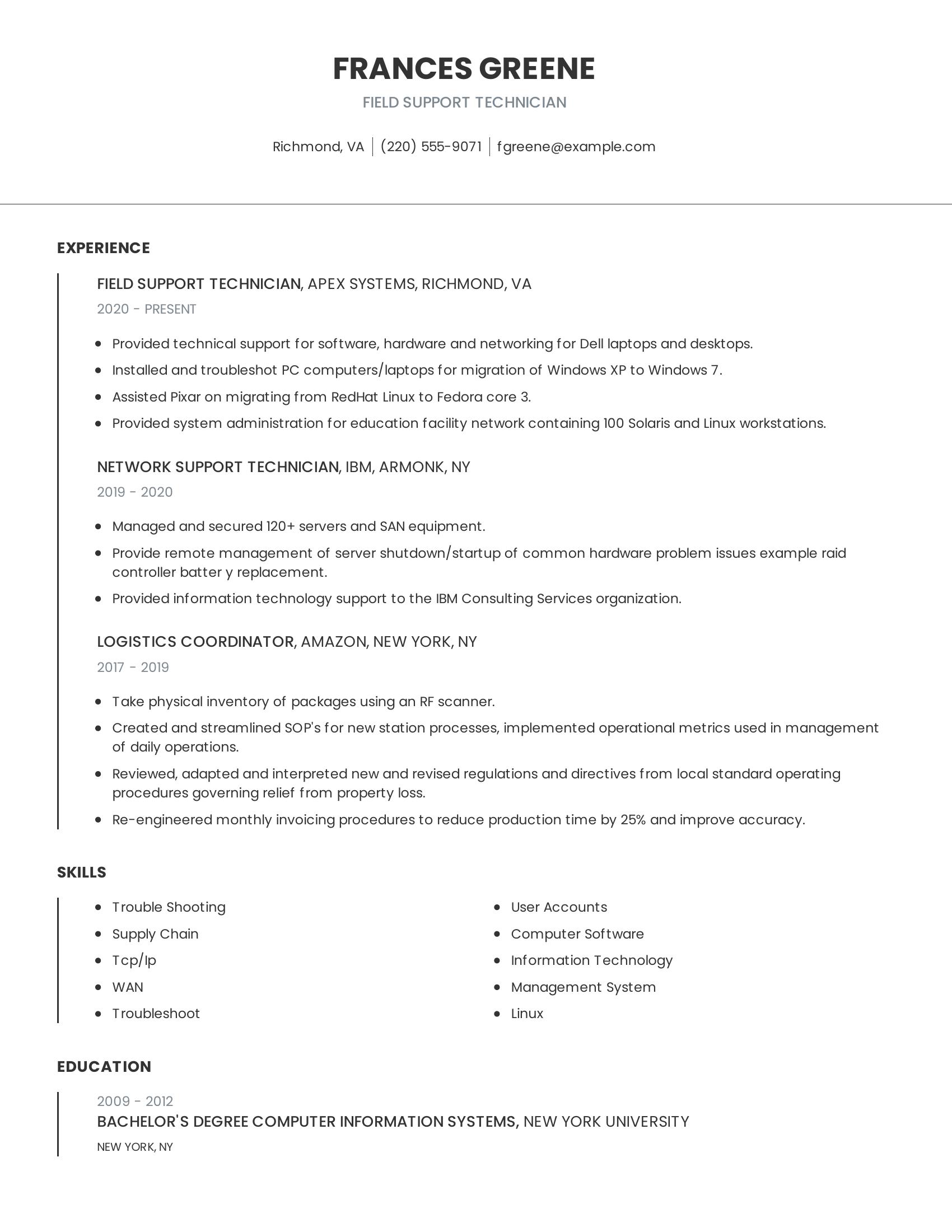 Field Support Technician resume example