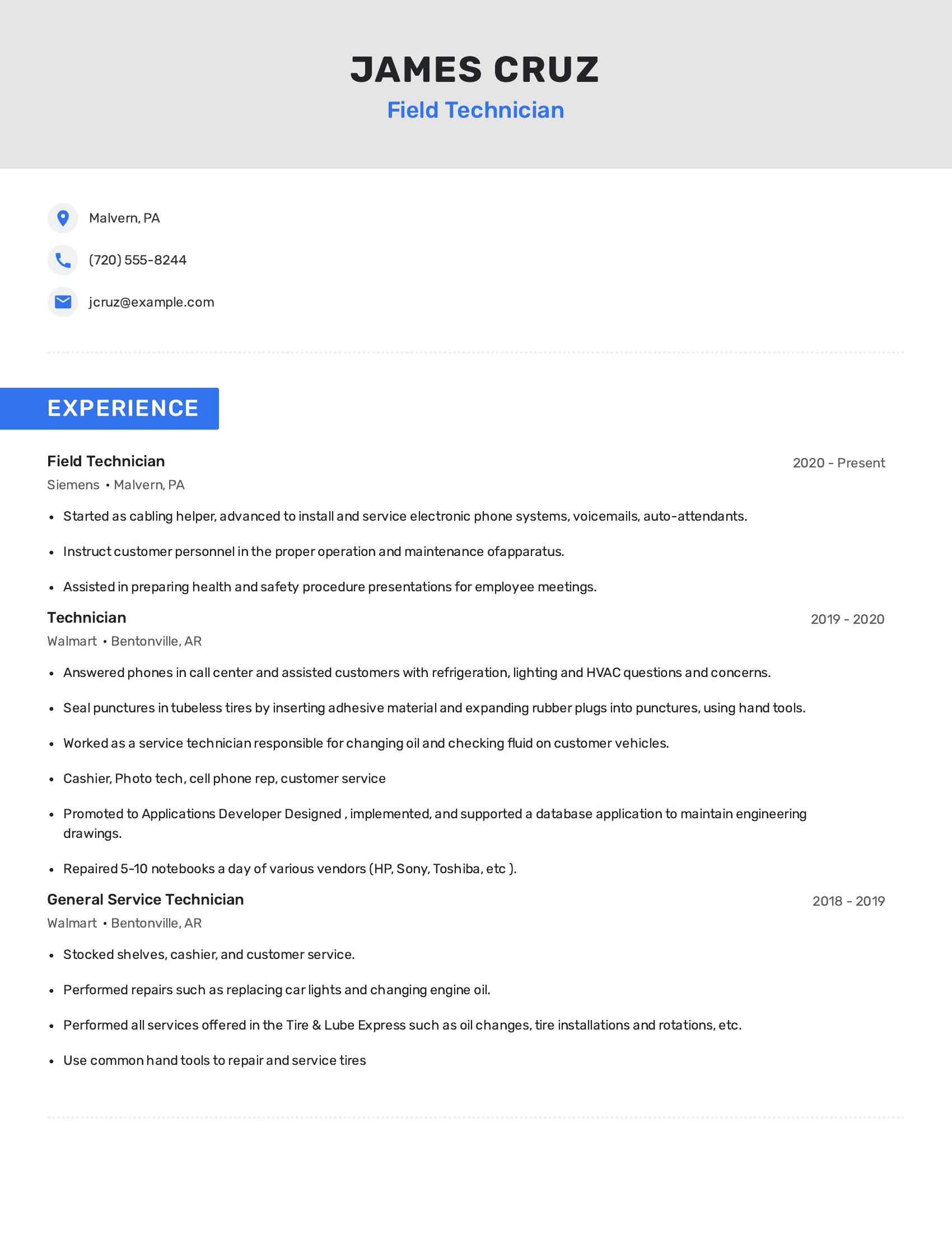 Field Technician resume example