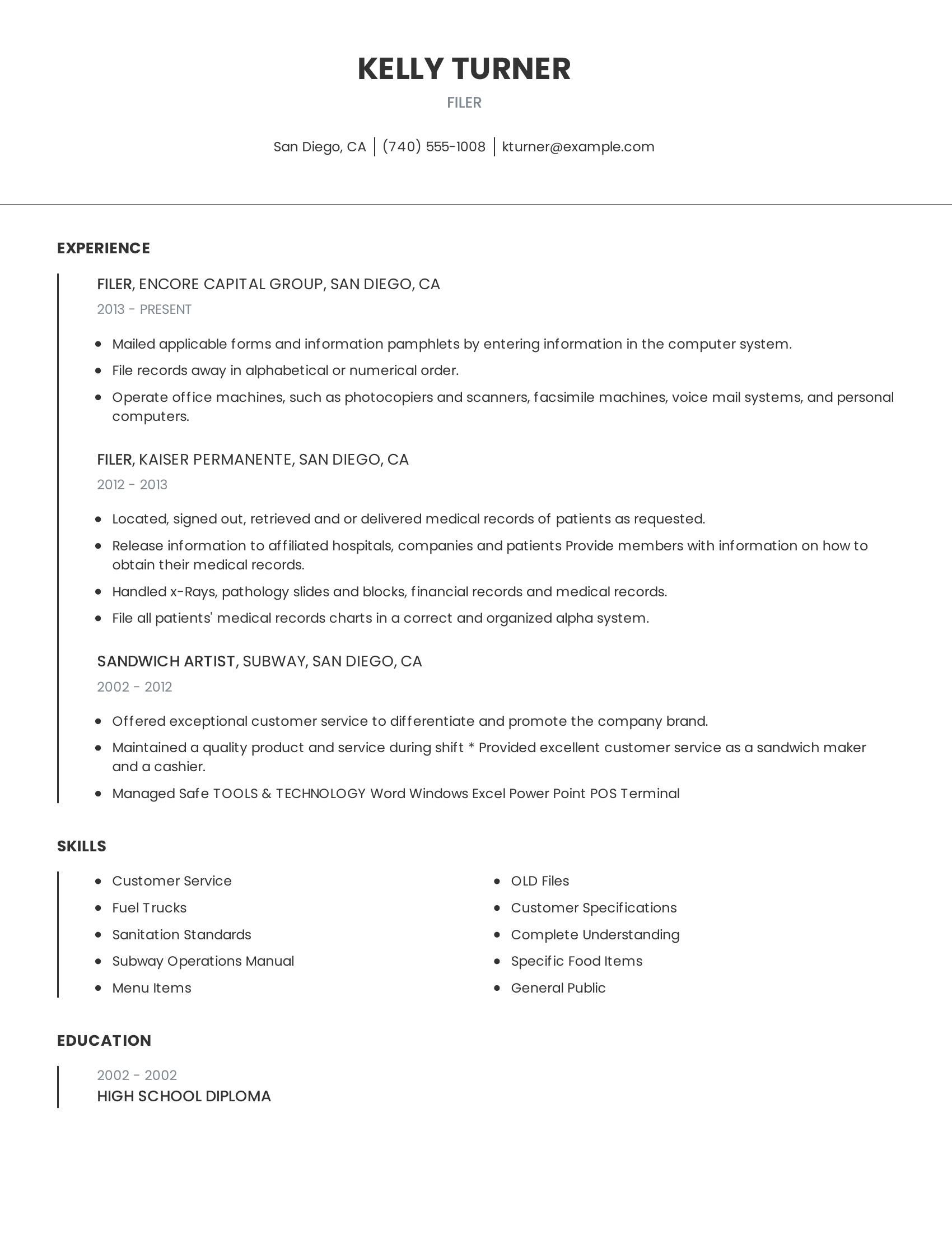 Filer resume example