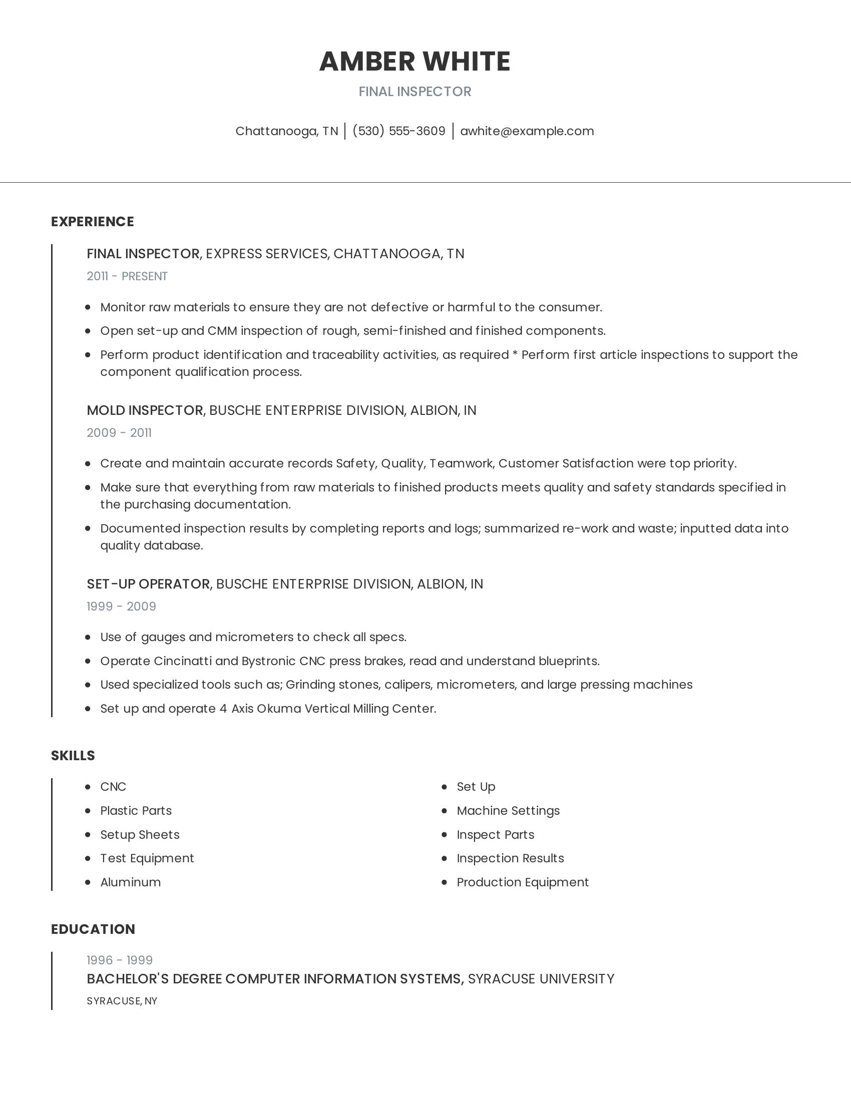 Final Inspector resume example