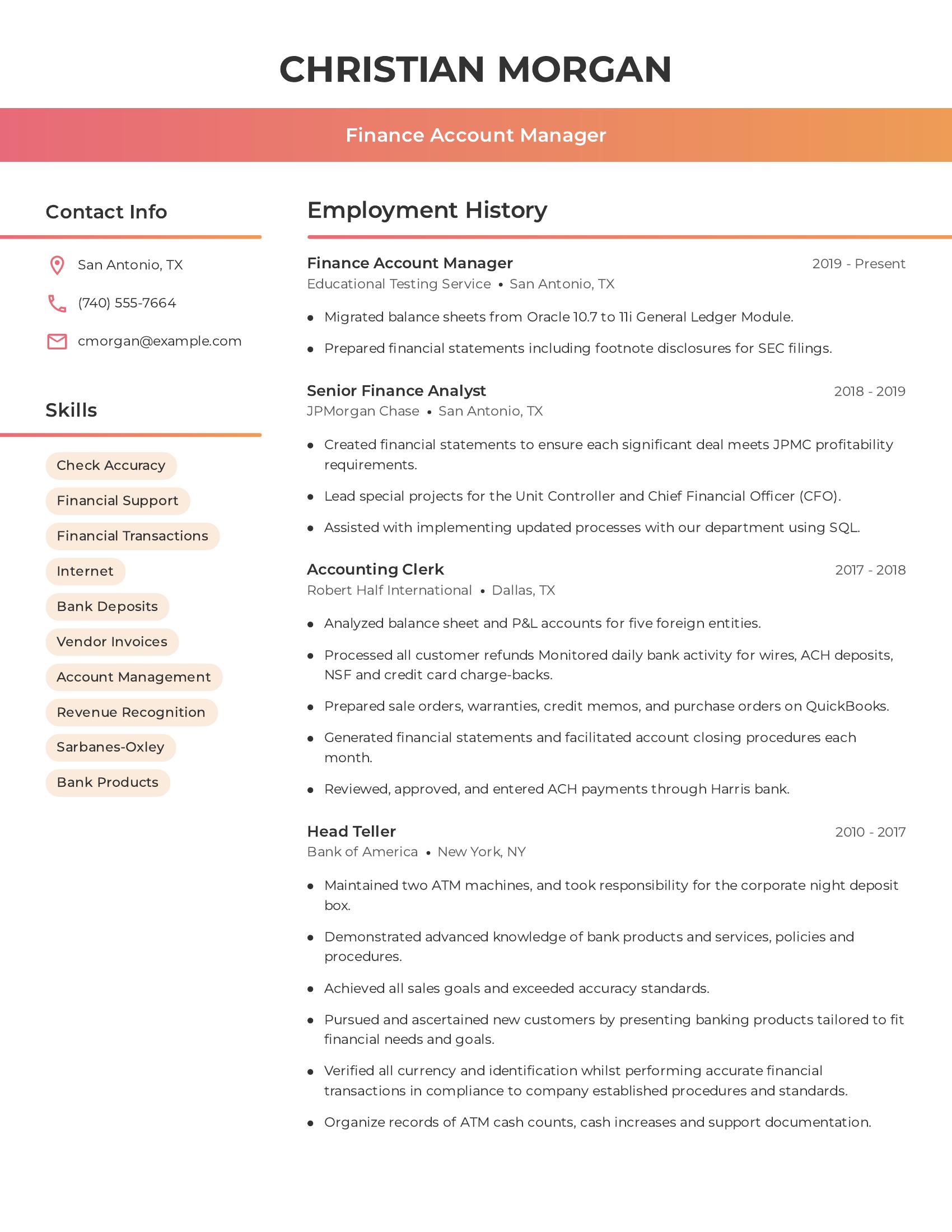 Finance Account Manager resume example