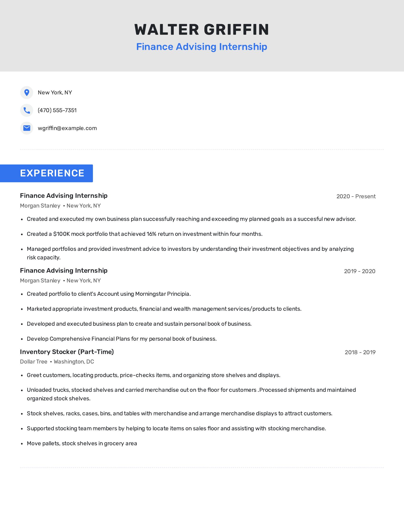 Finance Advising Internship resume example