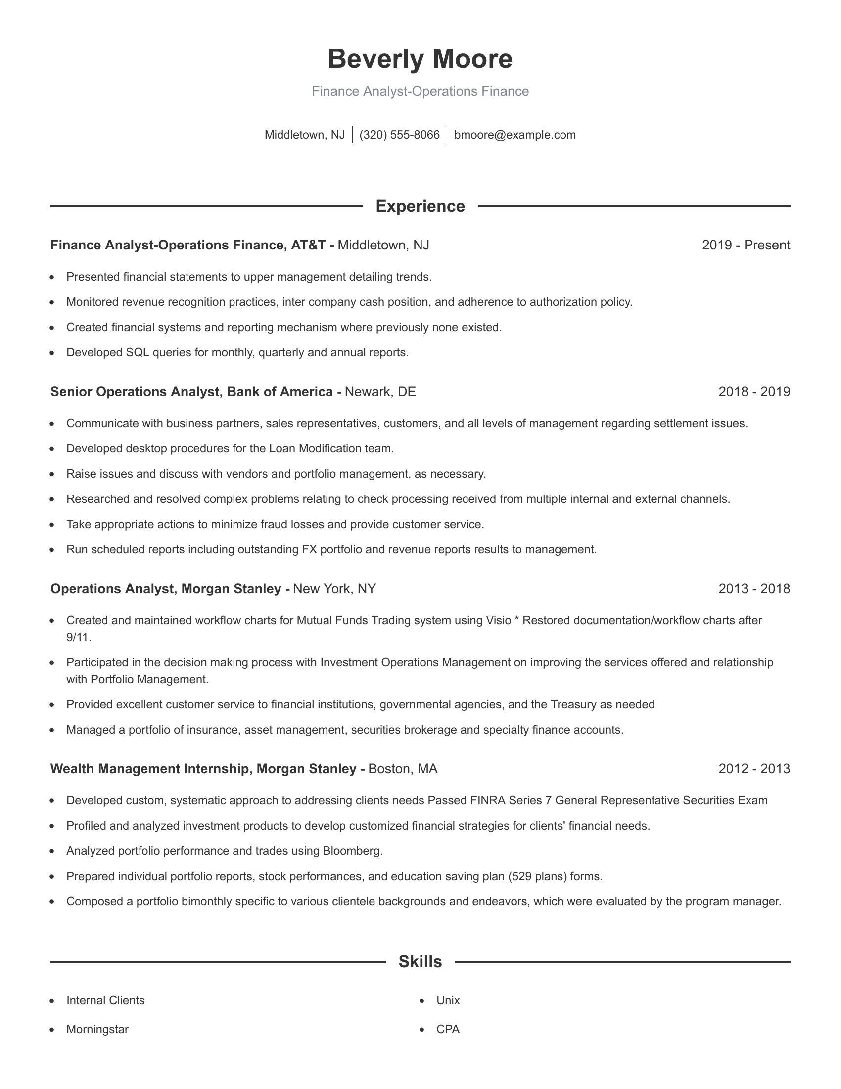 Finance Analyst-Operations Finance resume example