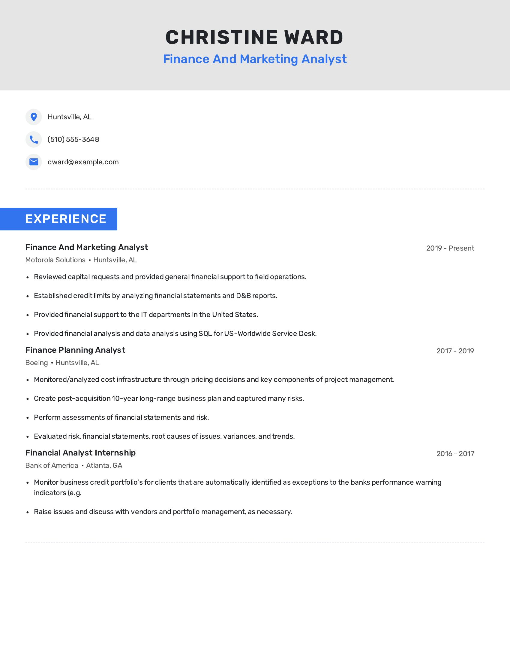 Finance And Marketing Analyst resume example